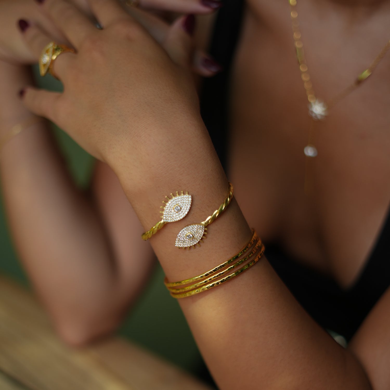 Diamond & Gold Guardian Evil Eye Cuff Bracelet - Gold