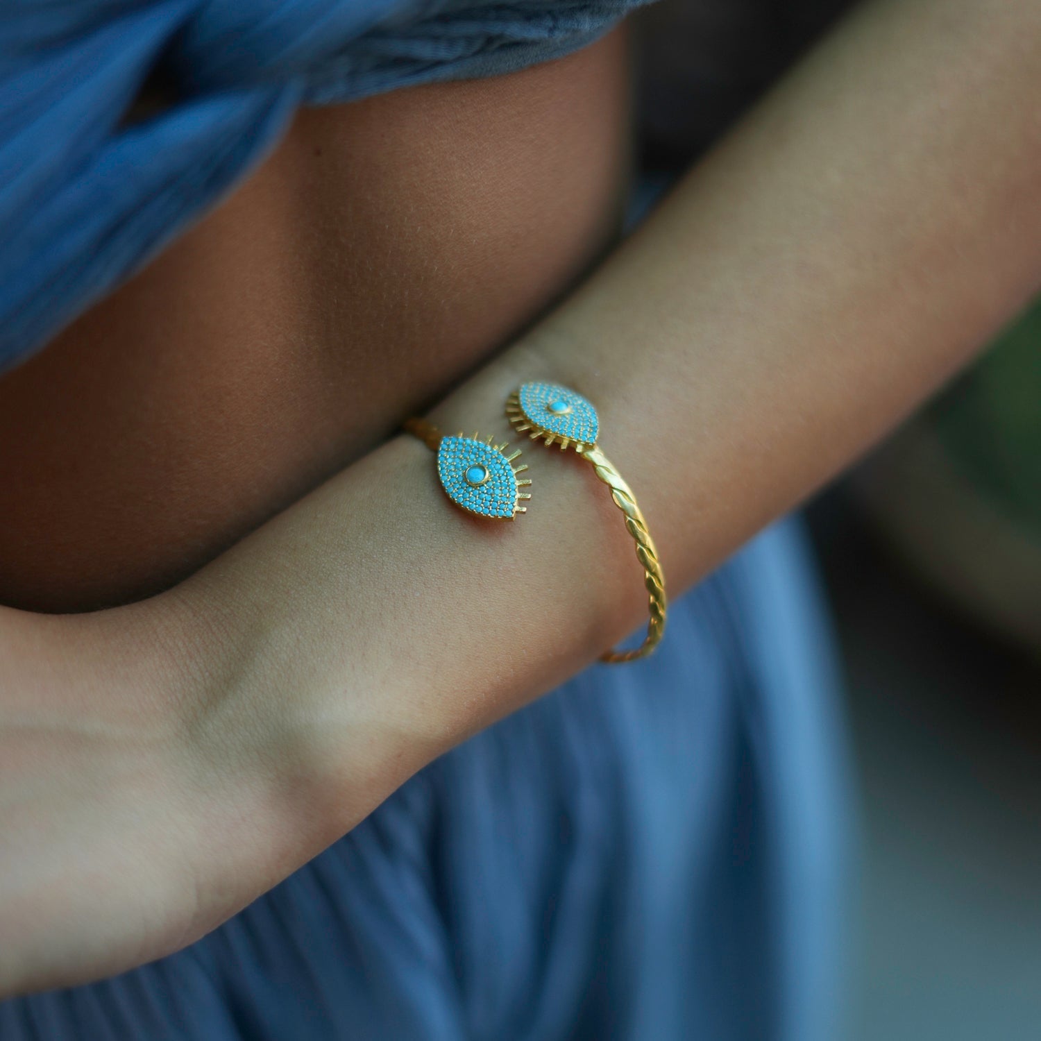 Turquoise Evil Eye Twisted Gold Design Cuff Bracelet - Turquoise