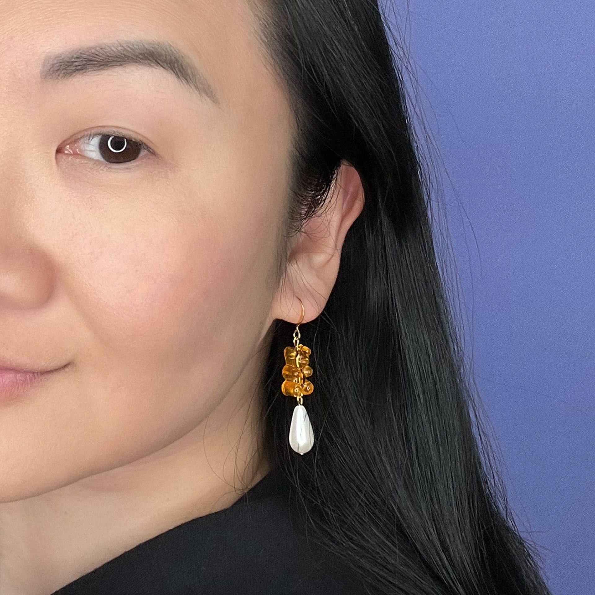 Gummy Bear Pearl Drop Dangly Earrings In Orange