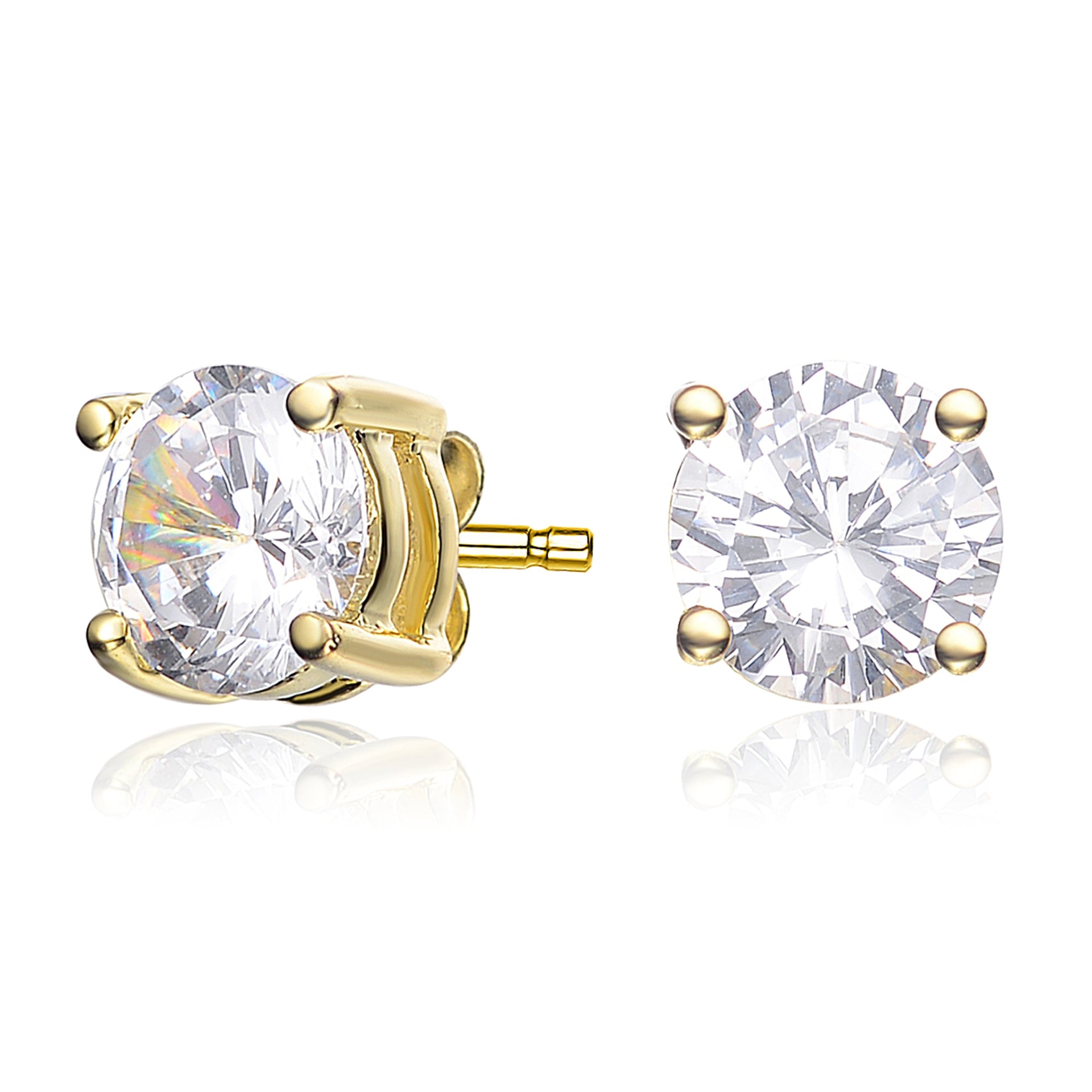 Sterling Silver Gold Plated With Round Diamond Cubic Zirconia Solitaire Stud Earrings