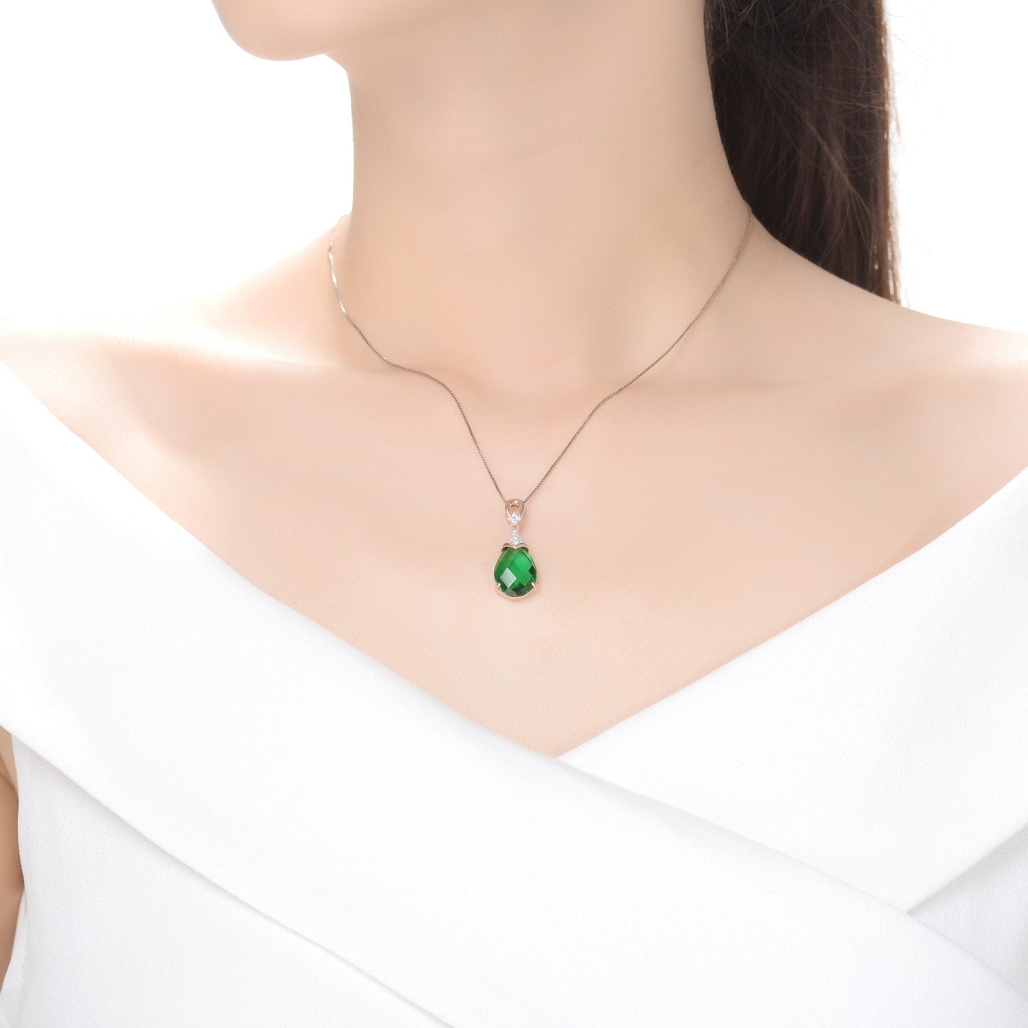Gv White And Green Cubic Zirconia Rose Gold Plated Sterling Silver Necklace