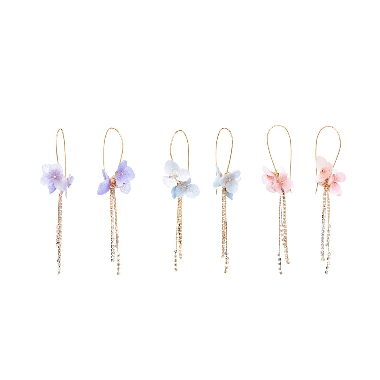 Real Flower Libelle Hydrangea & Crystal Drop Earrings - Pink & Purple