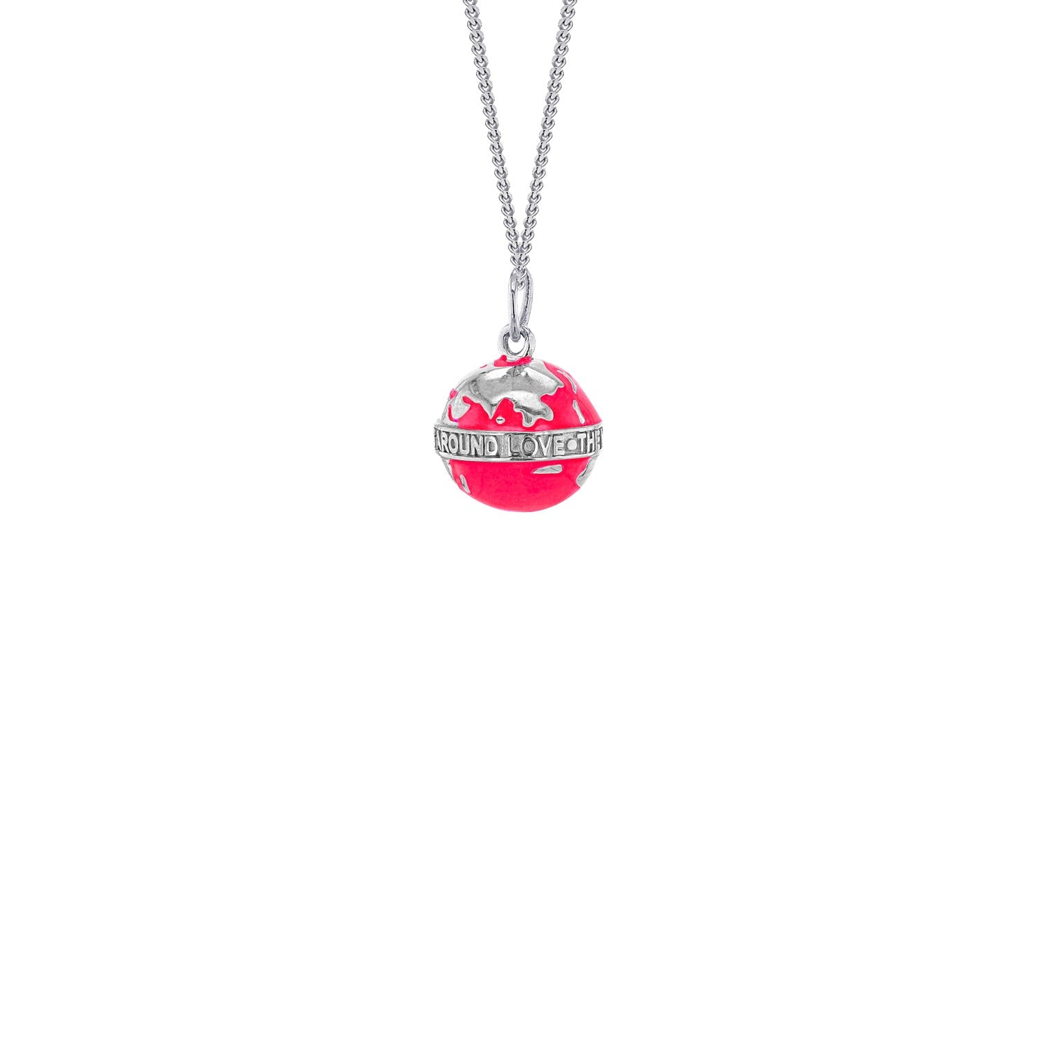 Neon Pink & Sterling Silver Mini Globe Pendant Hung On Silver Fine Chain