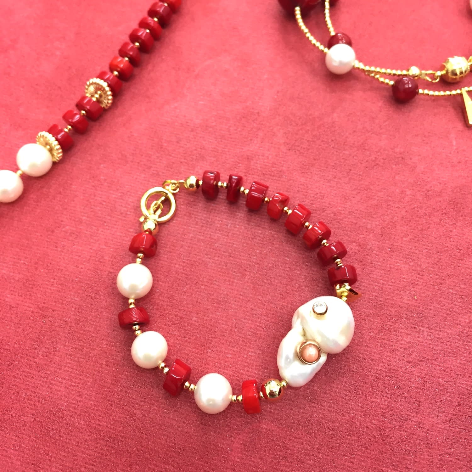 Red Corals With Studded Baroque & Freshwater Pearls Bracelet
