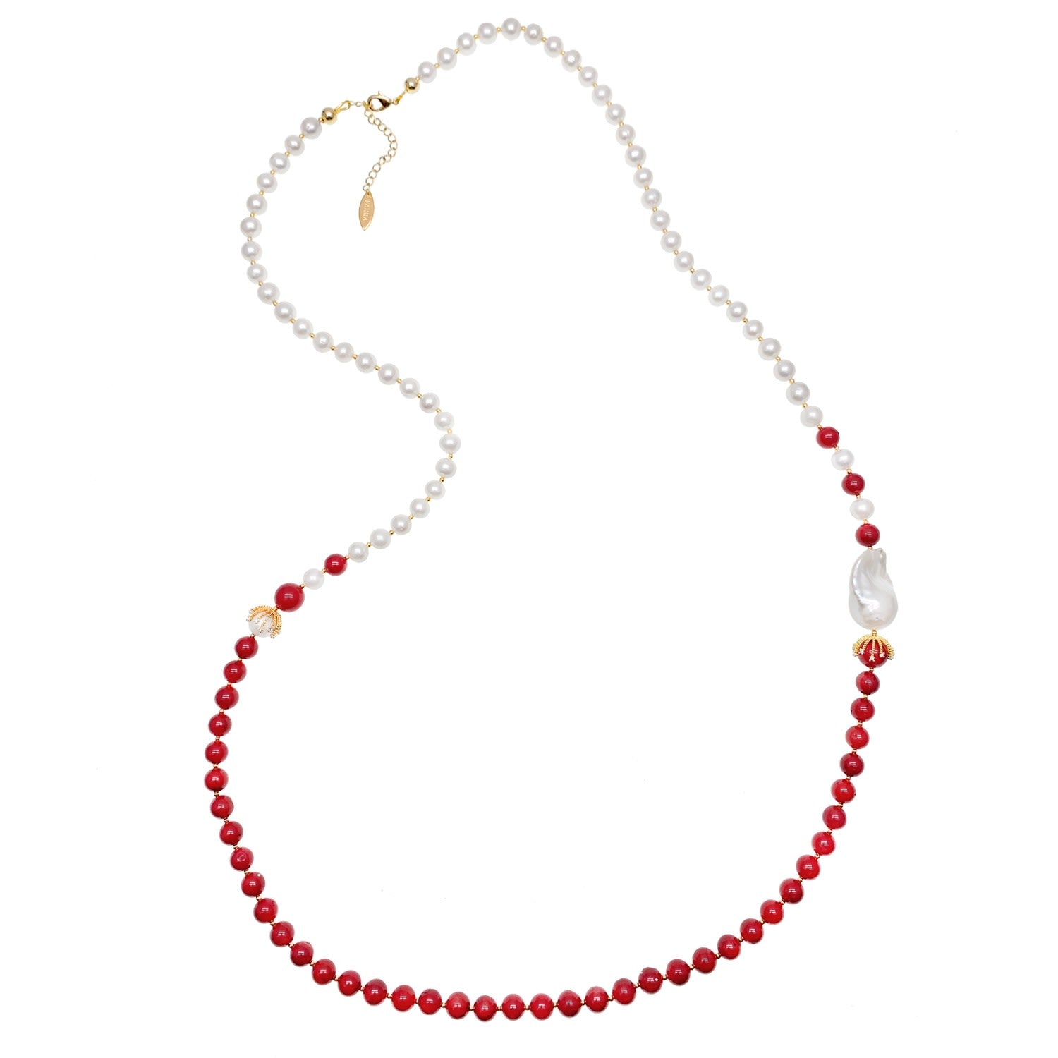 Freshwater Pearls And Red Coral With Baroque Pearl Timeless Necklace