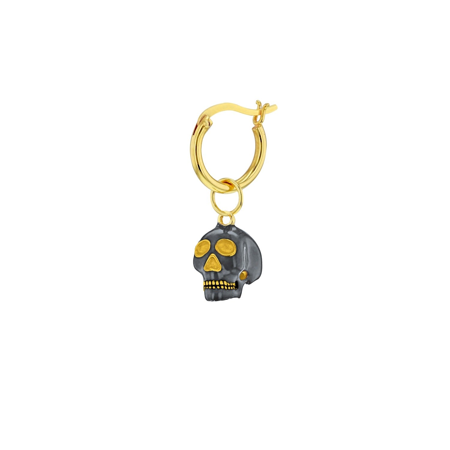 Mini Skull Charm Gun Metal Grey & Gold On A Gold Hoop