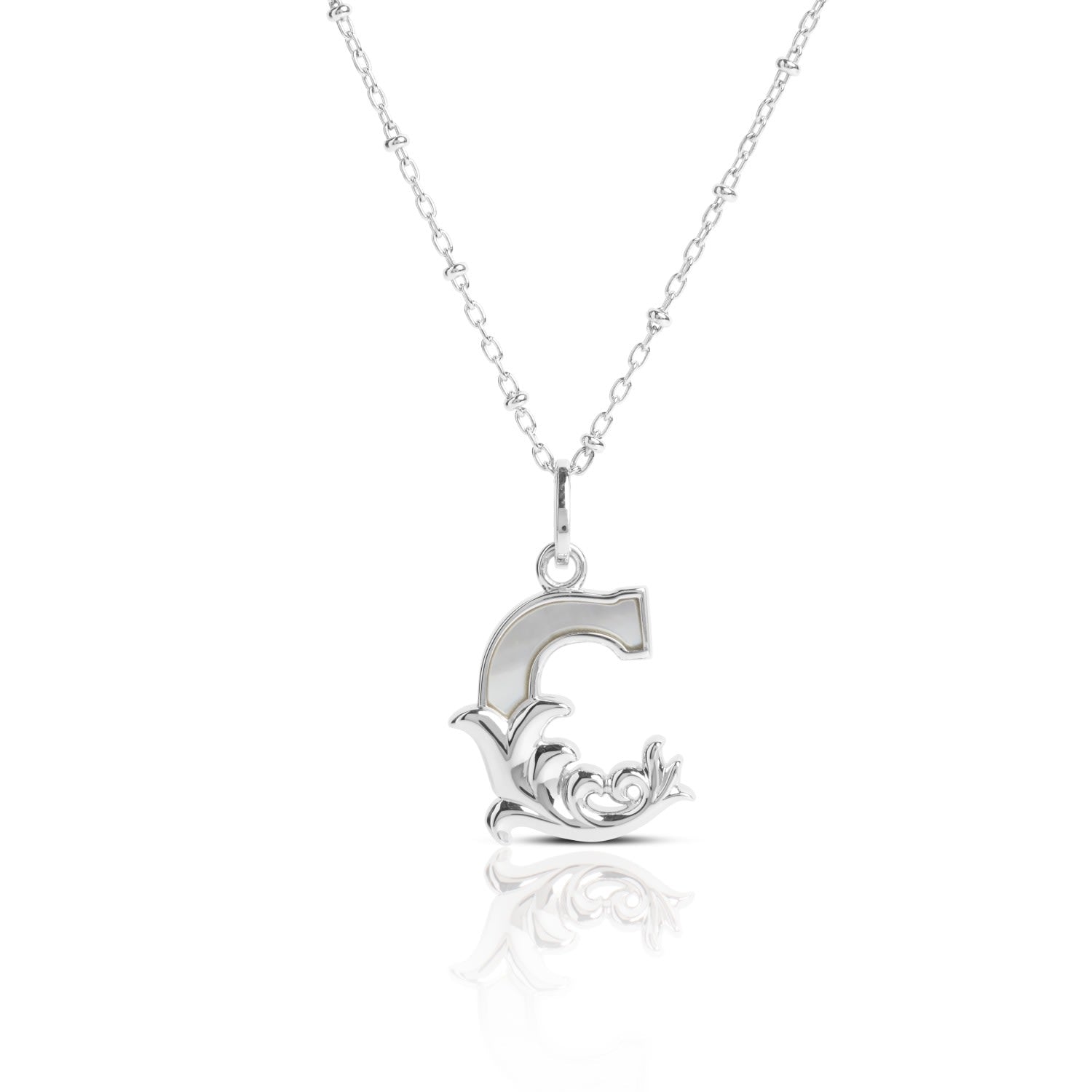 Solid Silver C Initial Necklace With Mother Of Pearl