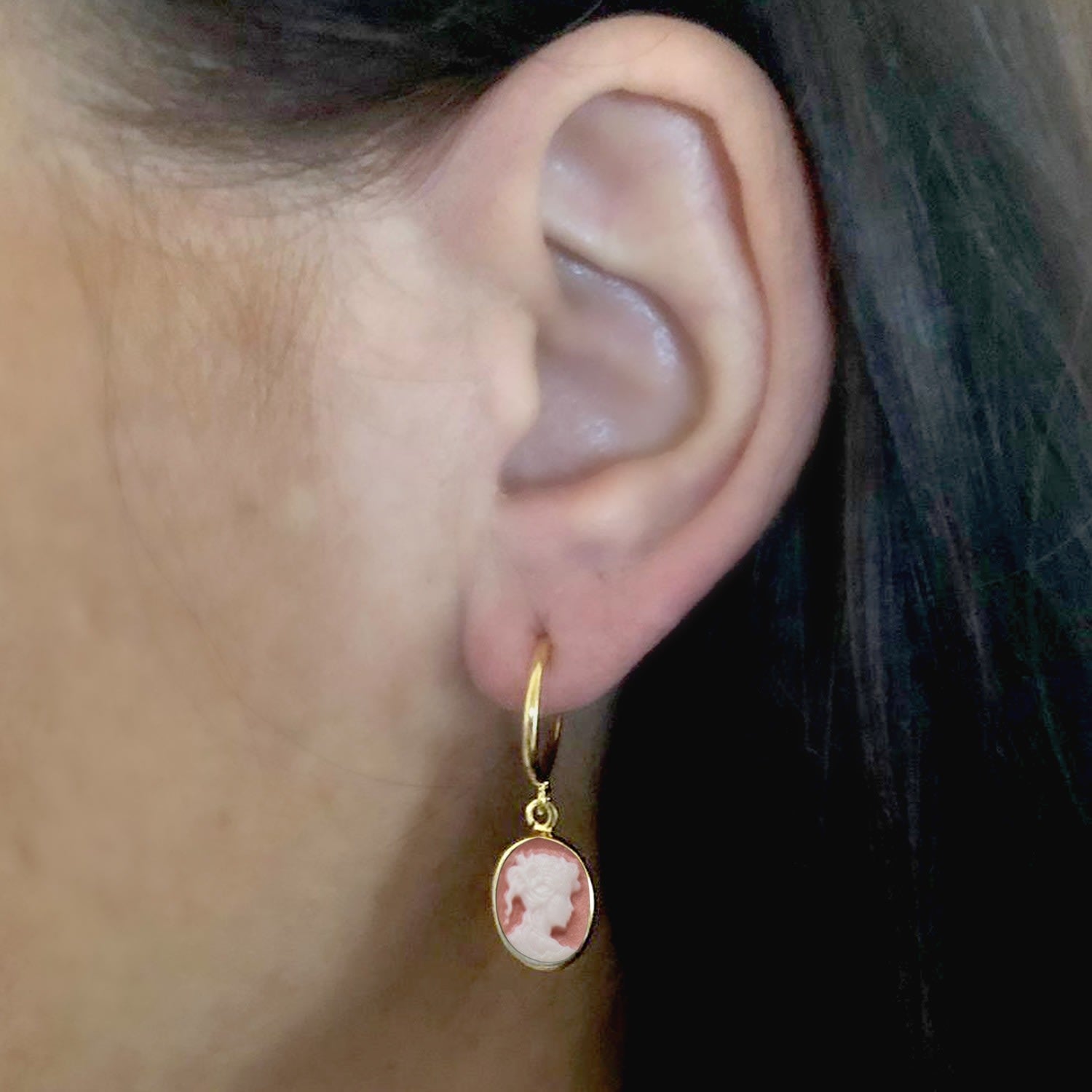 Gold-Plated Pink Mini Cameo Hoop Earrings