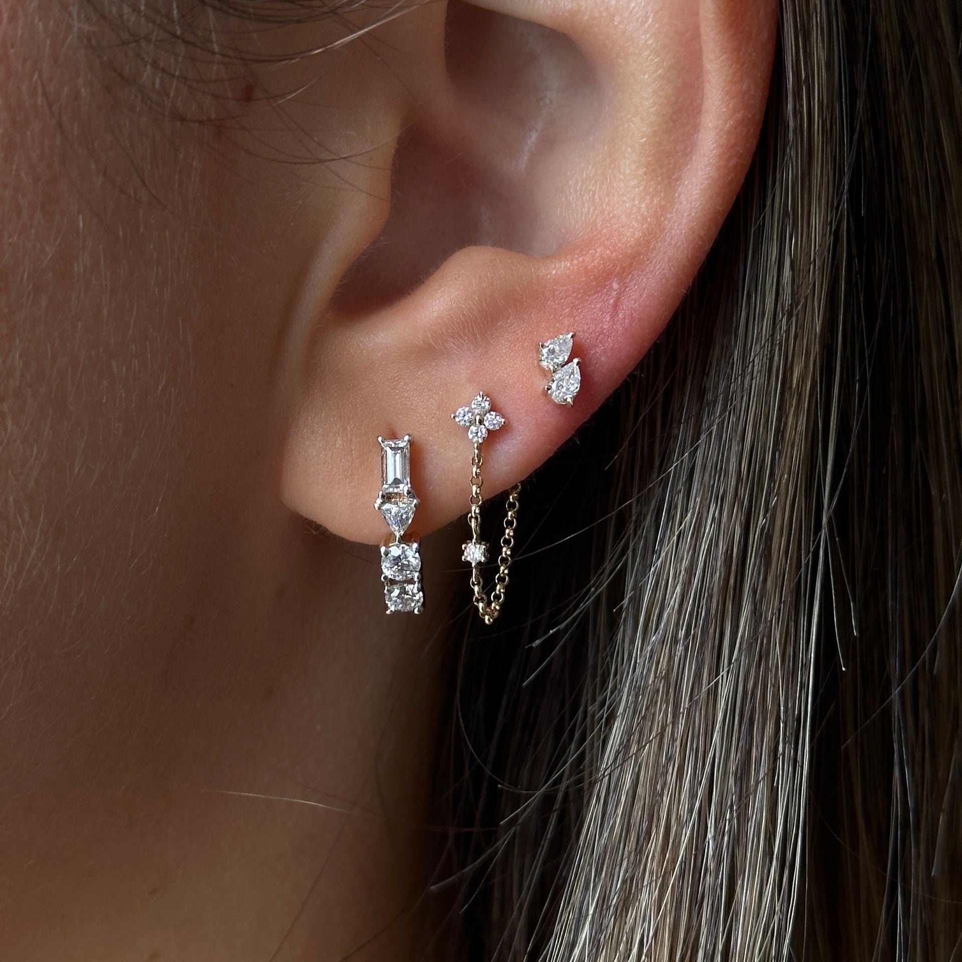 Gold Diamond Clover Chain Loop Earring