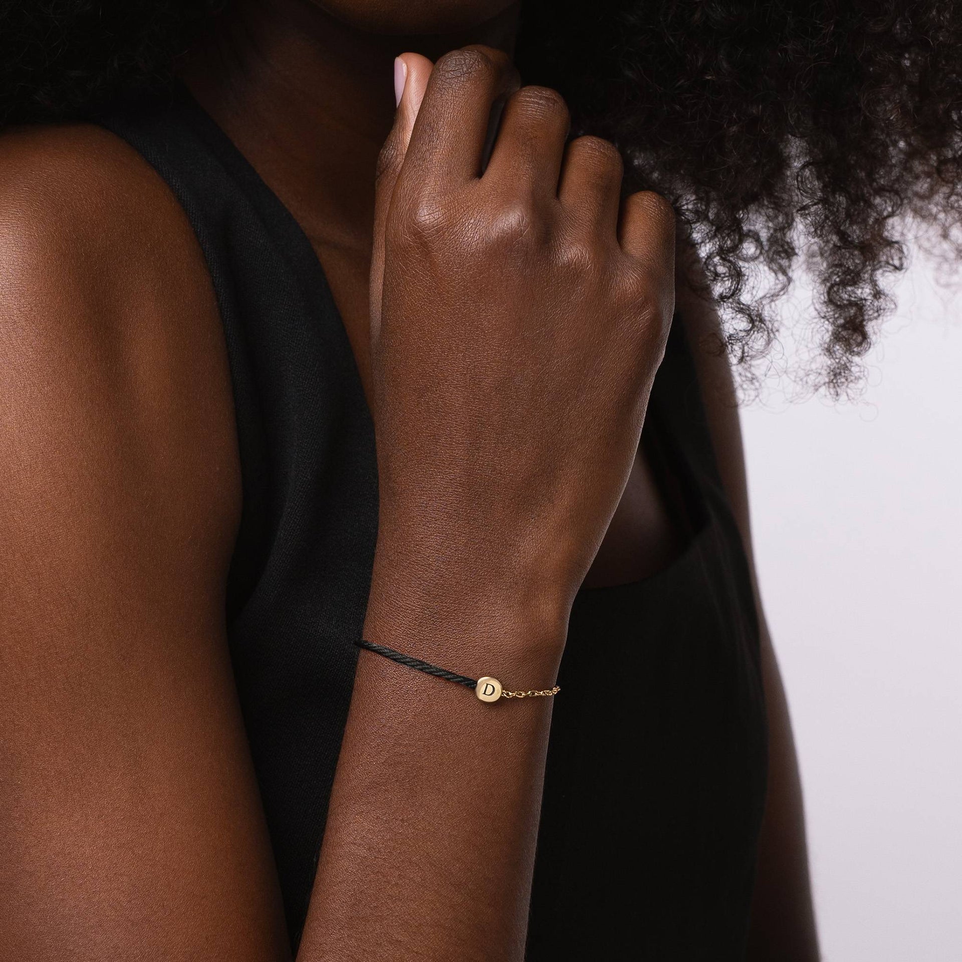 Half and Half Black Initial Bracelet with Diamond in 18K Gold Plating