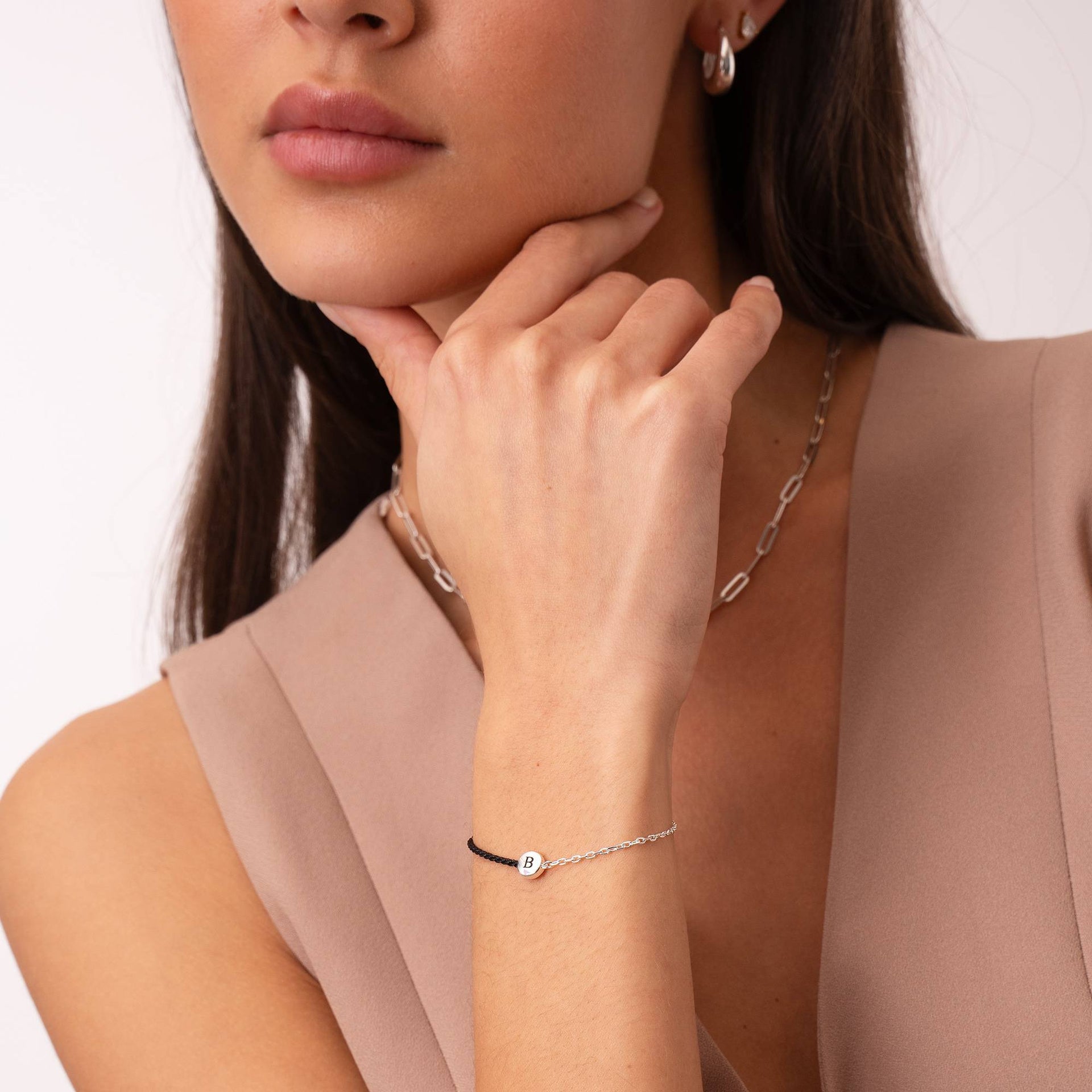Half and Half Black Initial Bracelet with Diamond in Sterling Silver