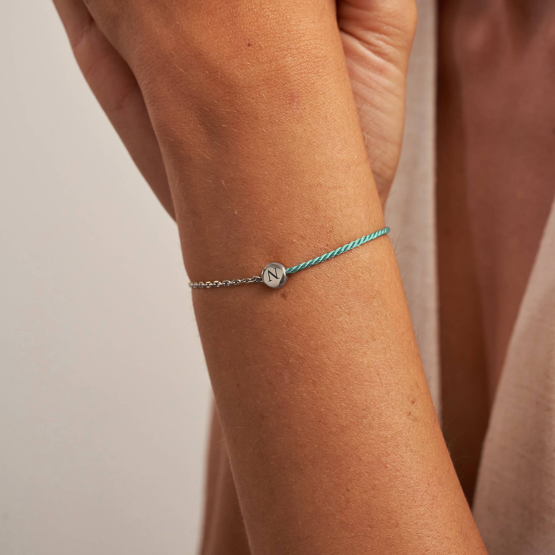 Half and Half Green Initial Bracelet with Diamond in Sterling Silver