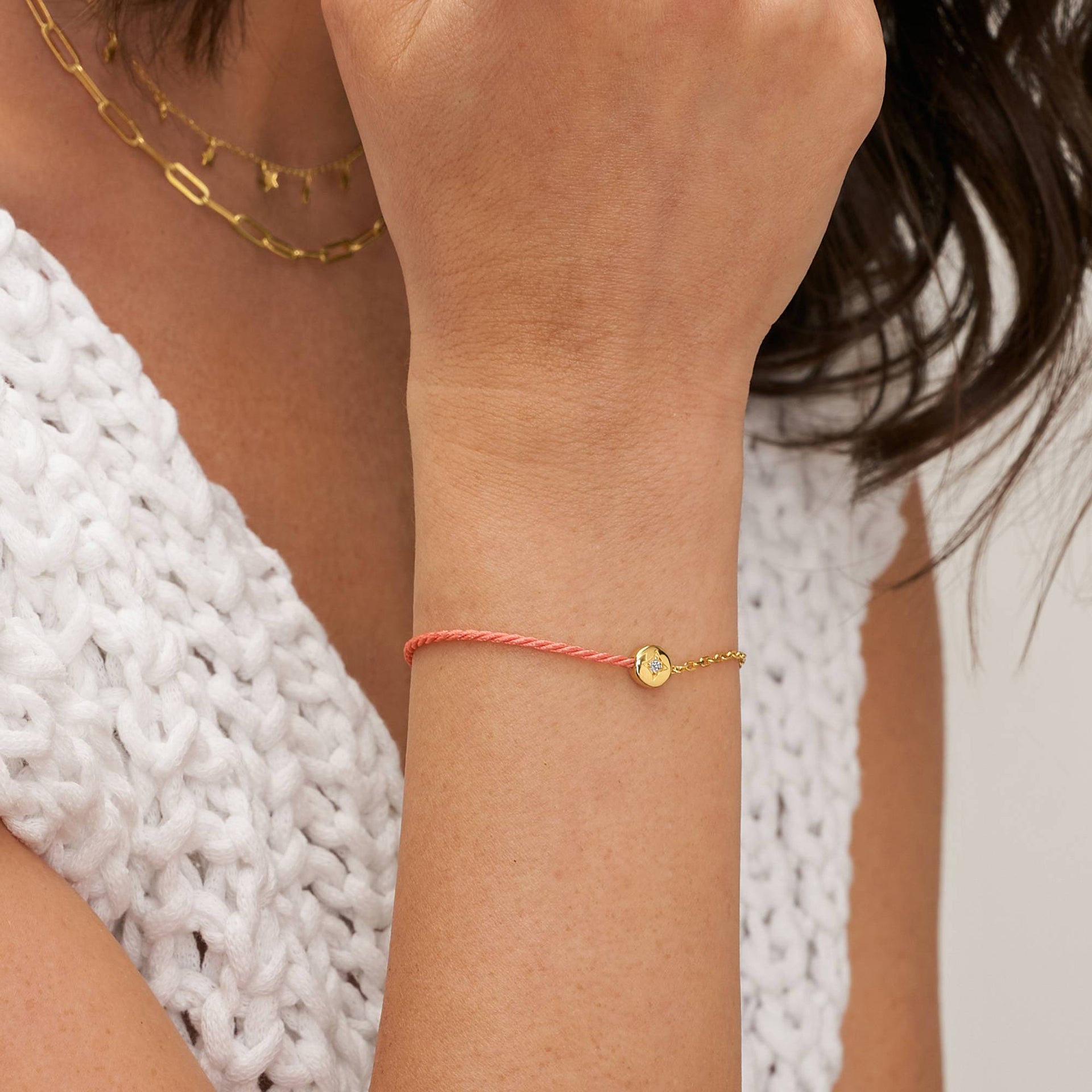 Half and Half Pink Initial Bracelet with Diamond in 18K Gold Plating