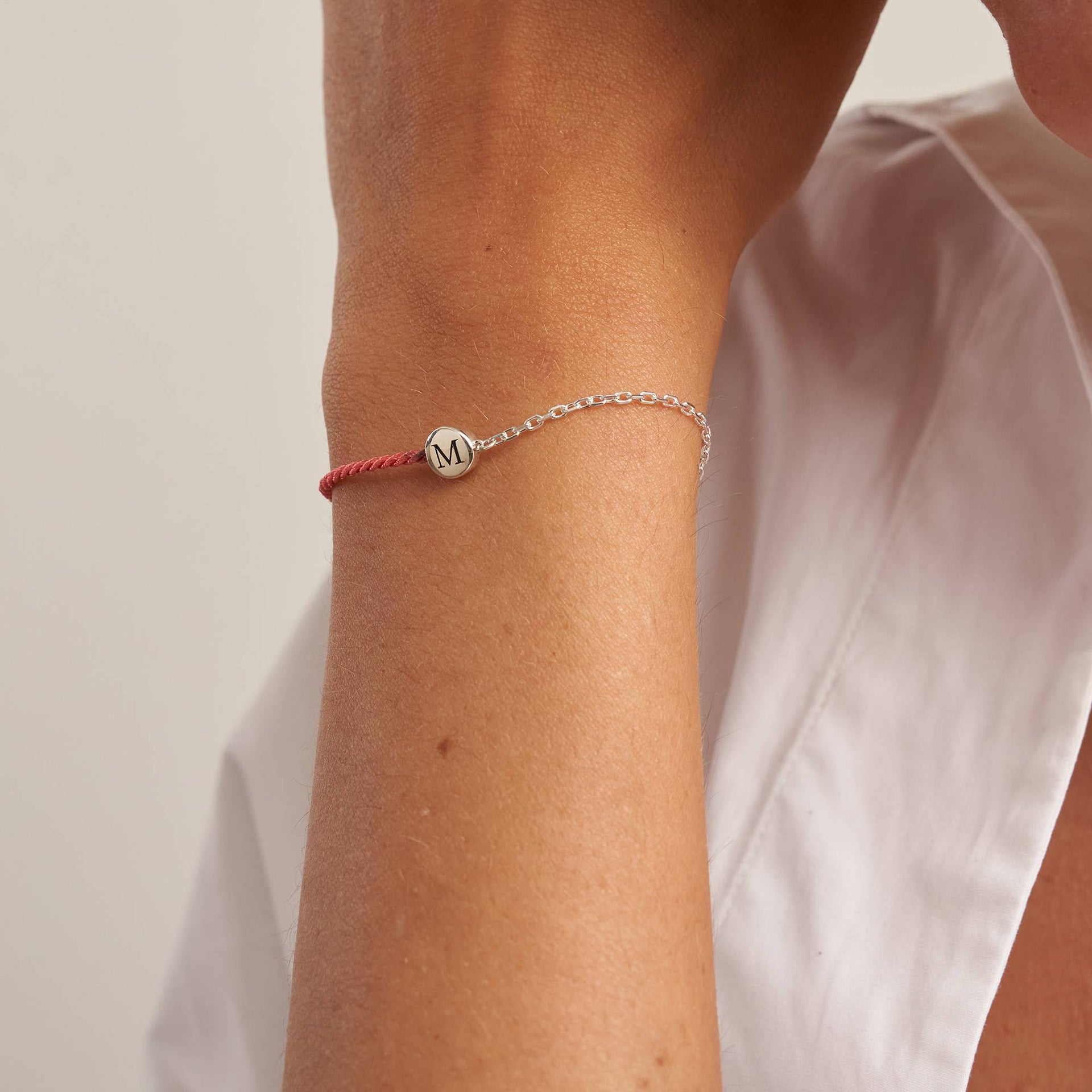 Half and Half Pink Initial Bracelet with Diamond in Sterling Silver
