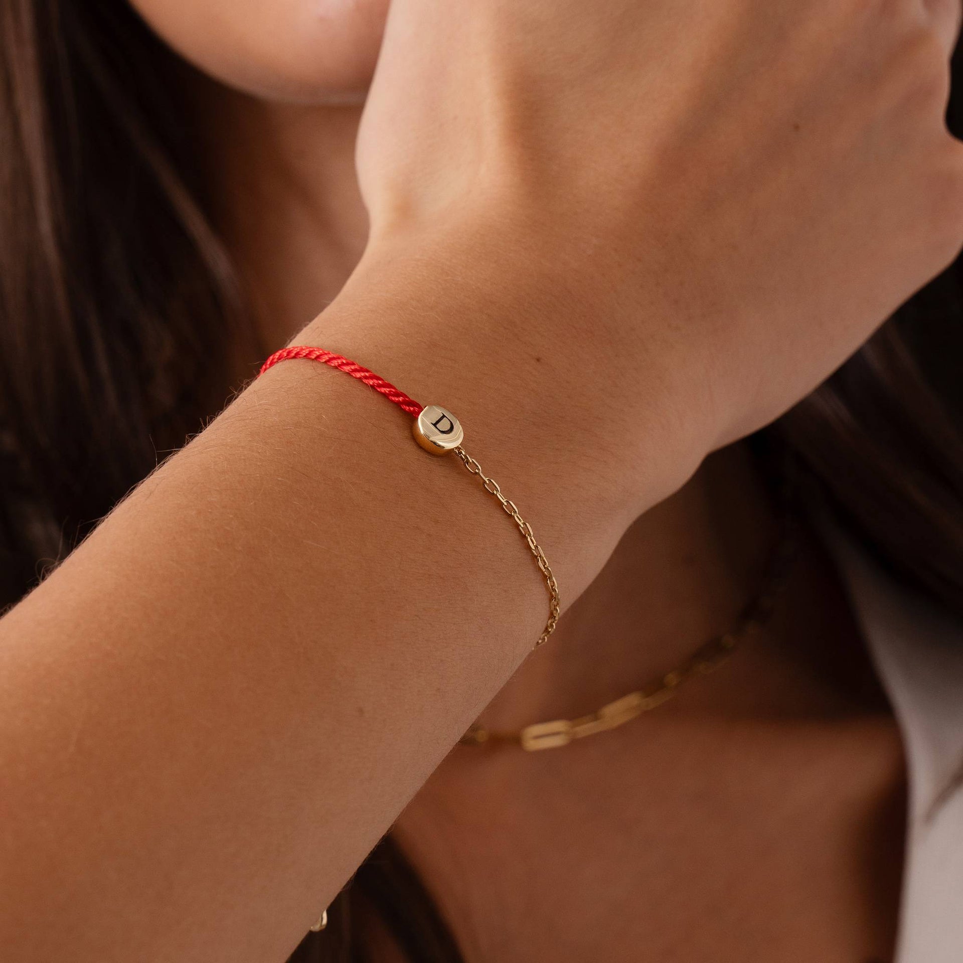 Half and Half Red Initial Bracelet with Diamond in 18K Gold Plating