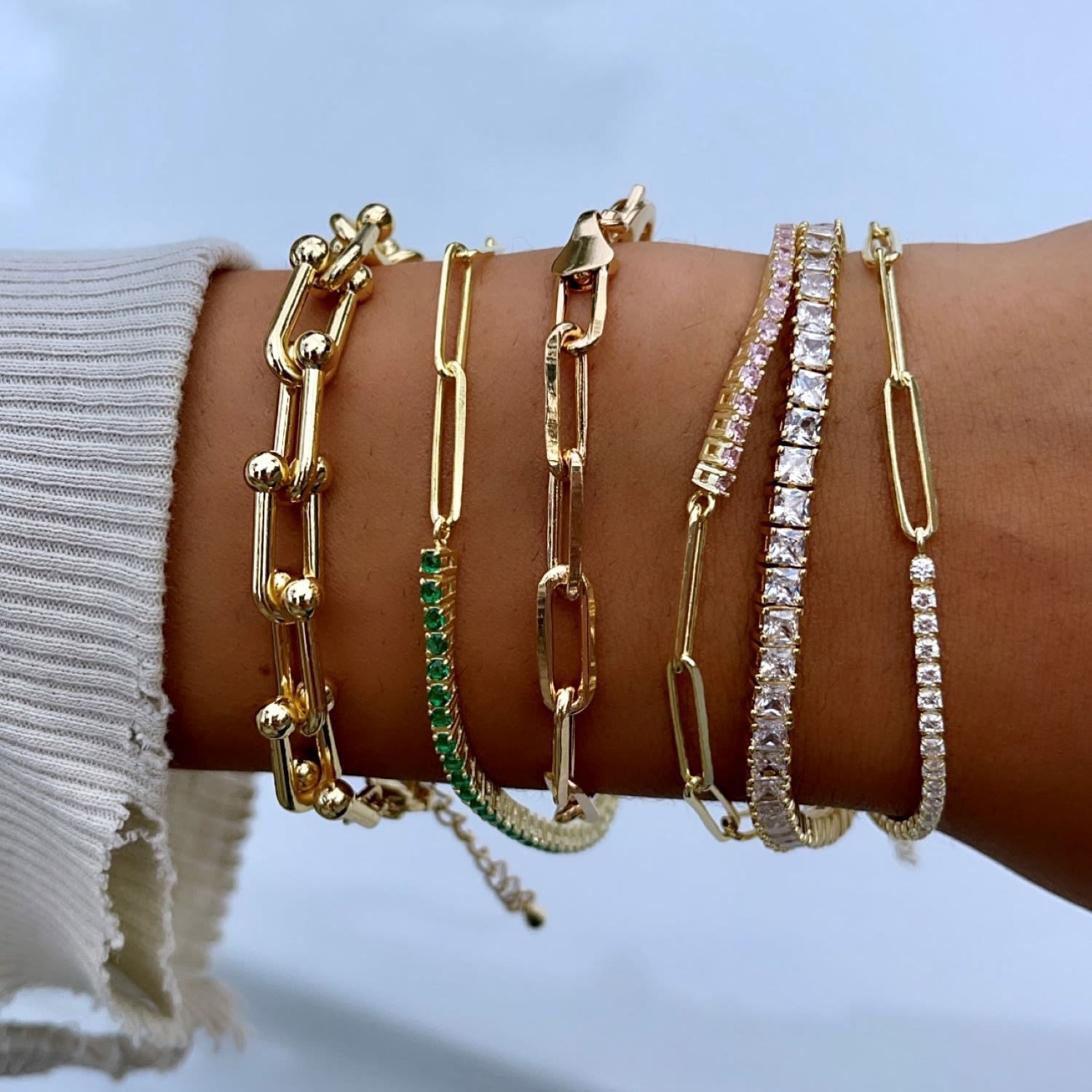 Half Paper Clip & Tennis Bracelet - Green