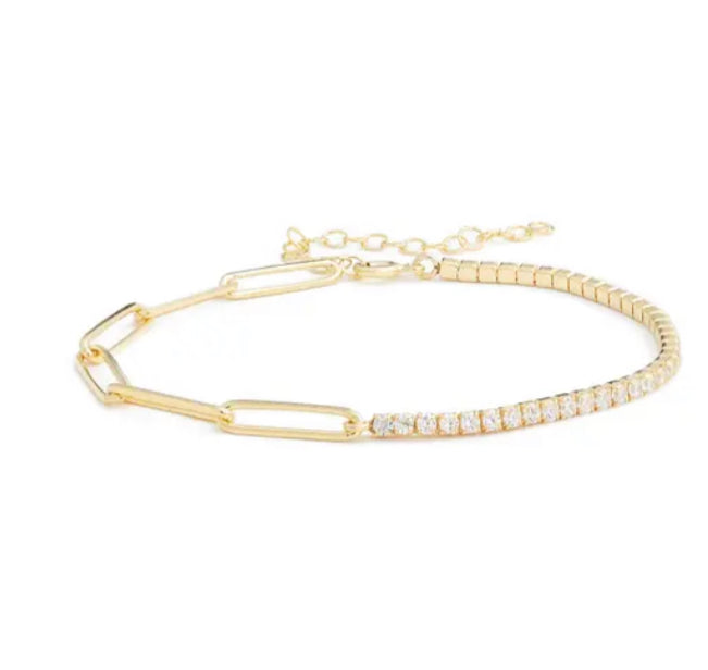 Half Paper Clip & Tennis Bracelet - Gold