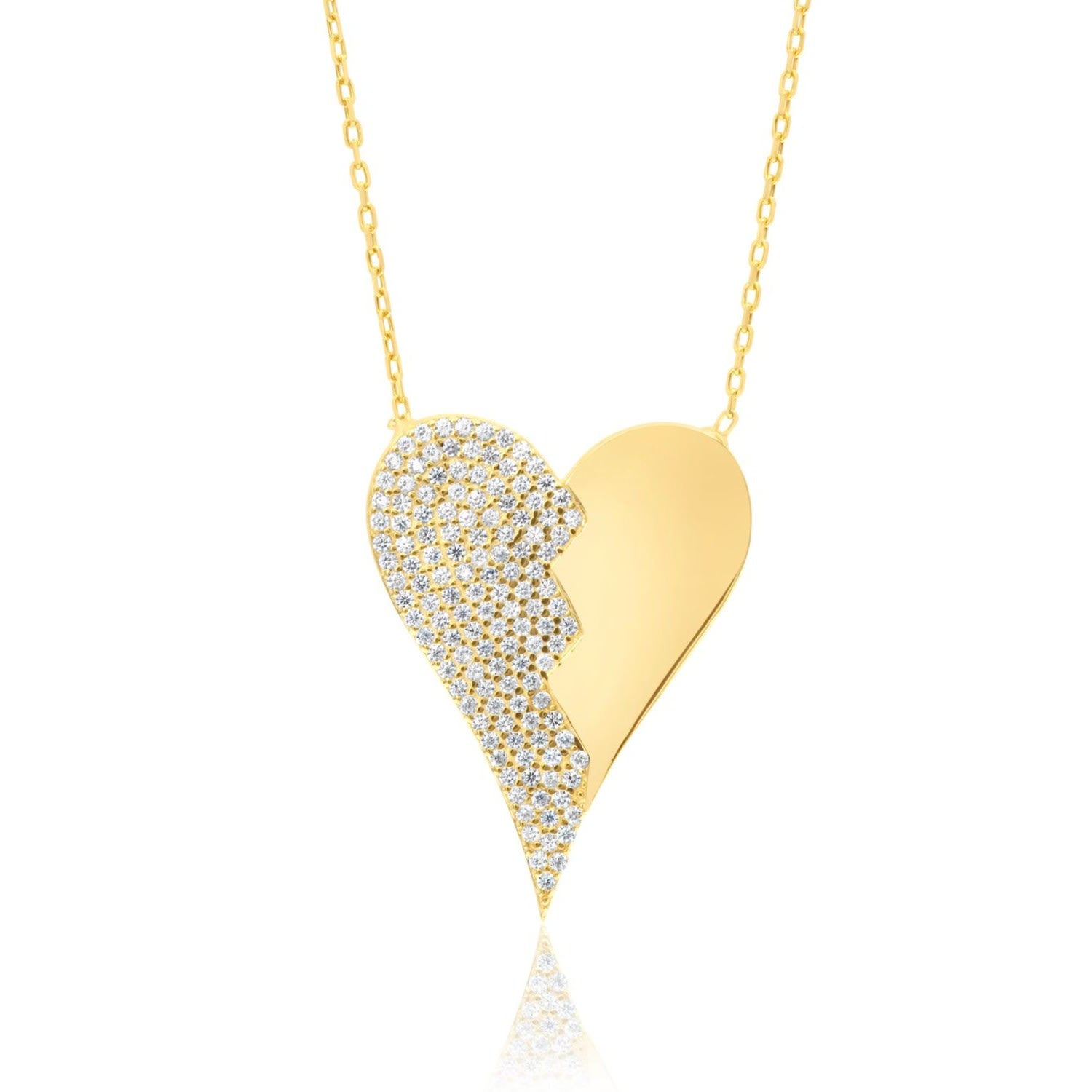 Half Pave Heart Necklace - Gold