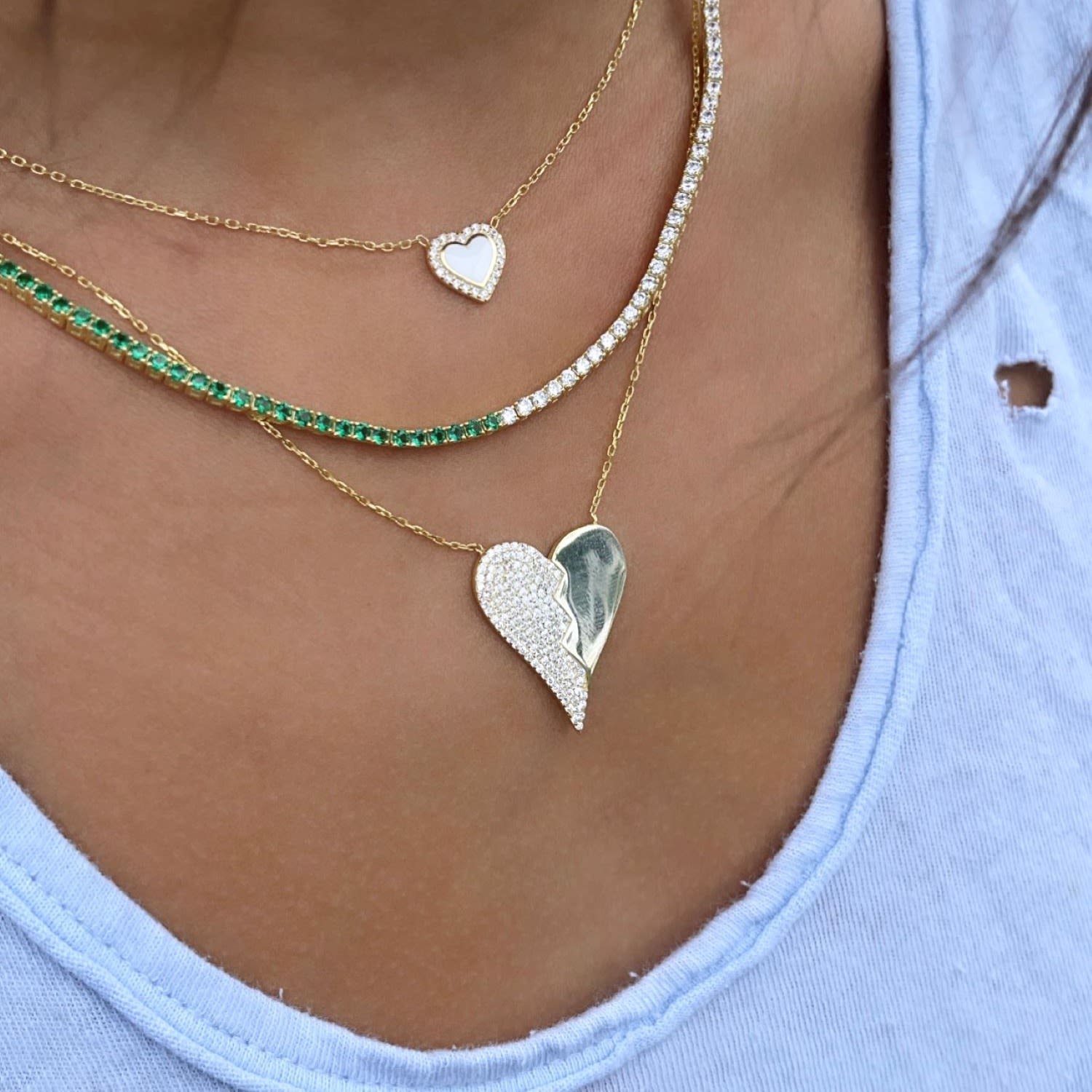 Half Pave Heart Necklace - Gold