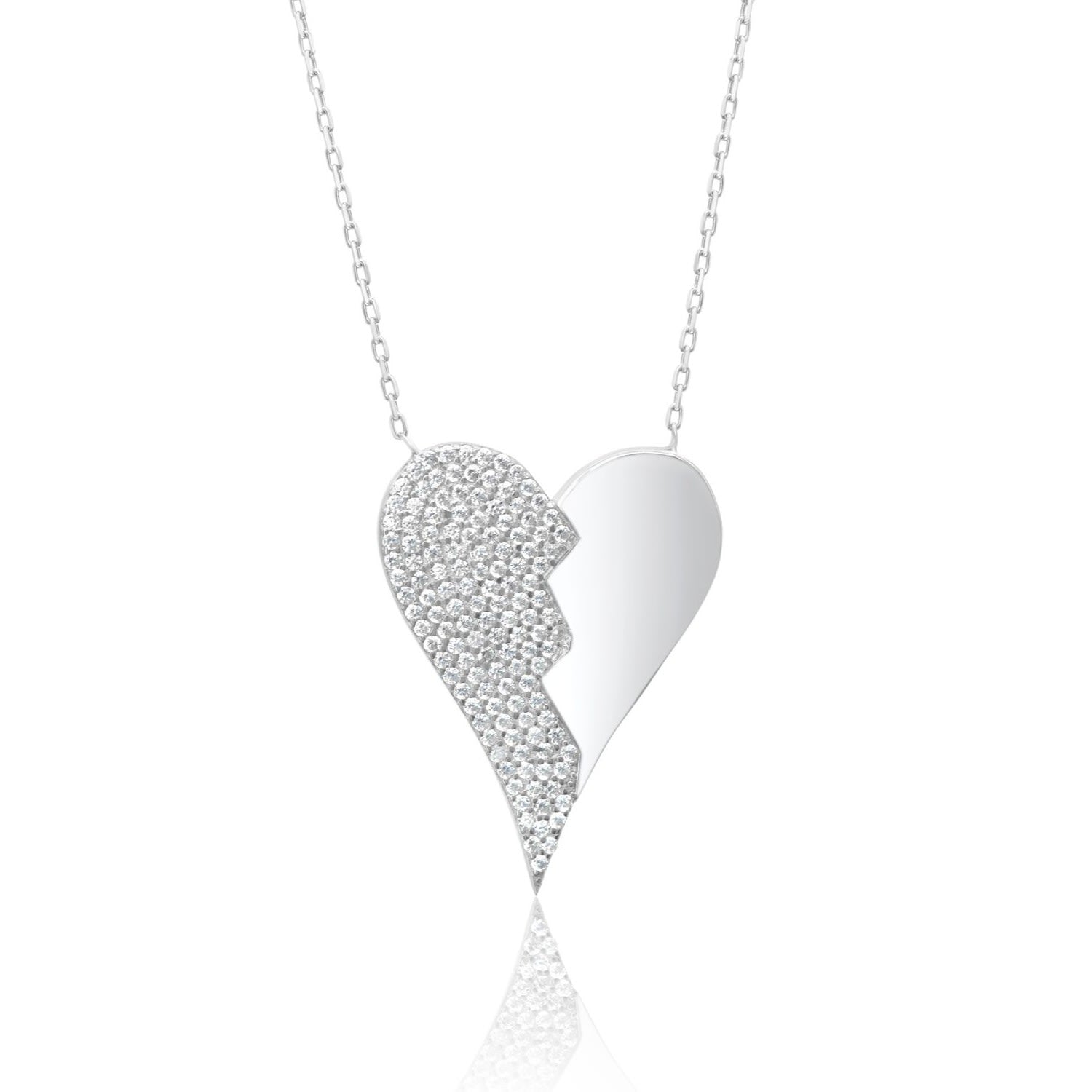 Half Pave Heart Necklace - Silver