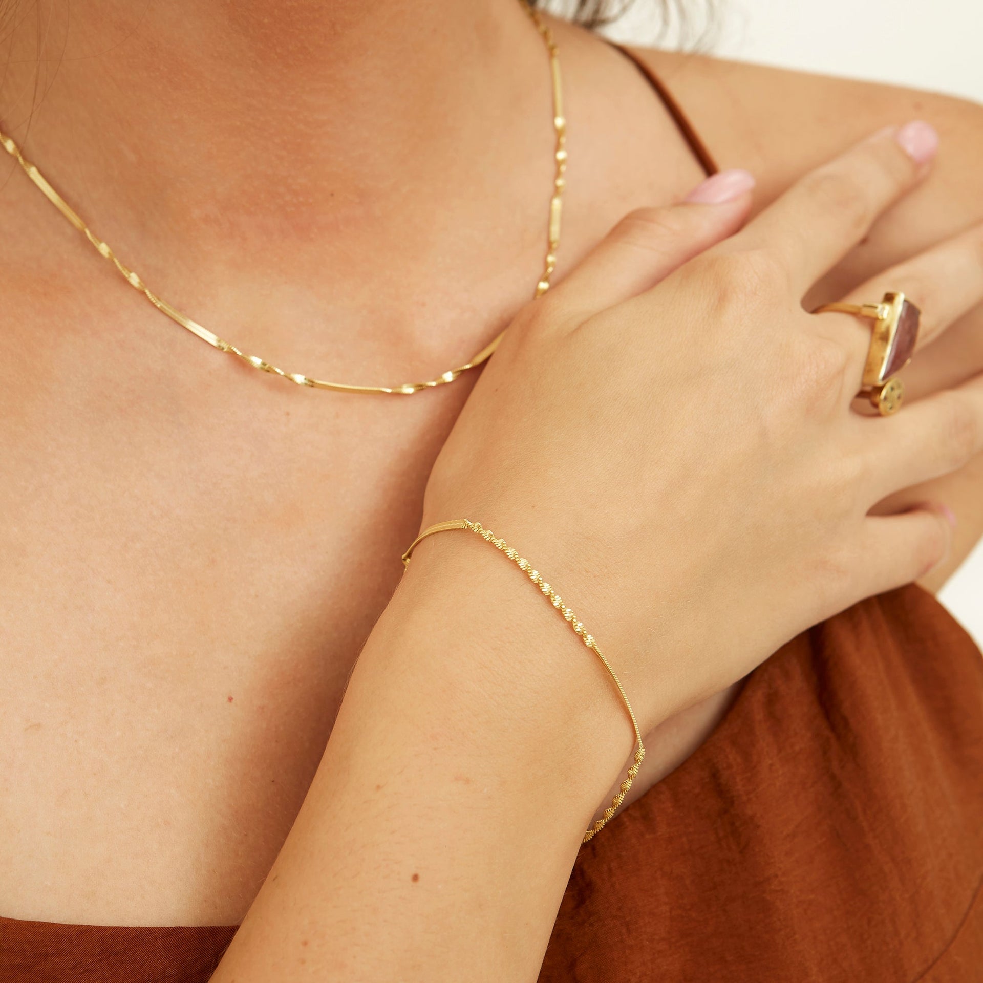 Half Twisted Sterling Silver Chain Necklace And Bracelet Set - Gold