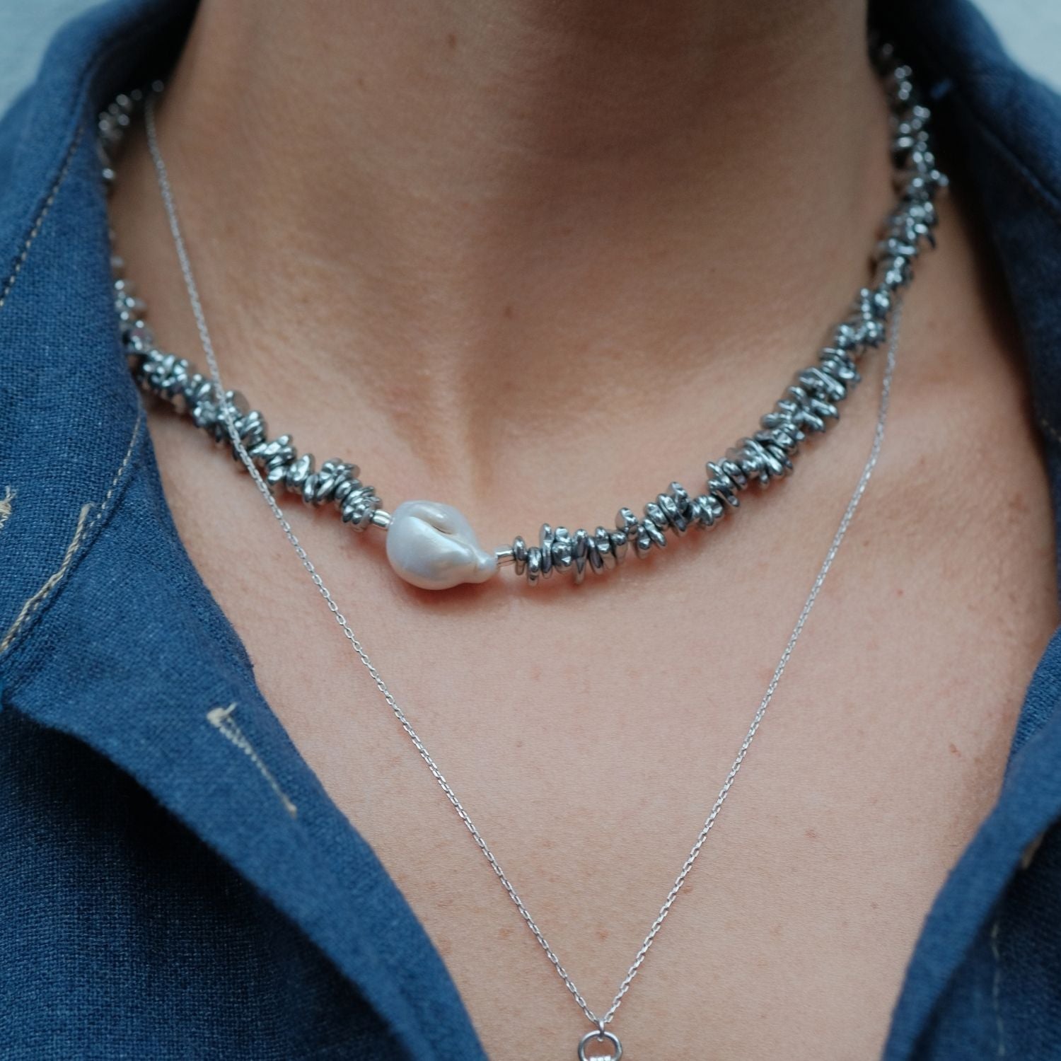 Halia Gray Hematite Stone Baroque Pearl Necklace