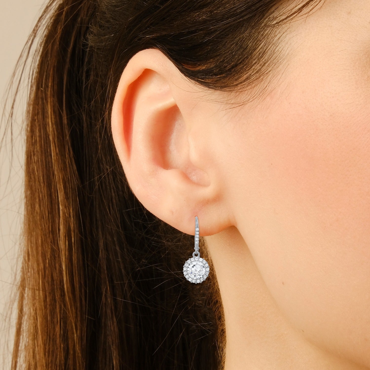 Halo Cz Leverback Earrings In Sterling Silver