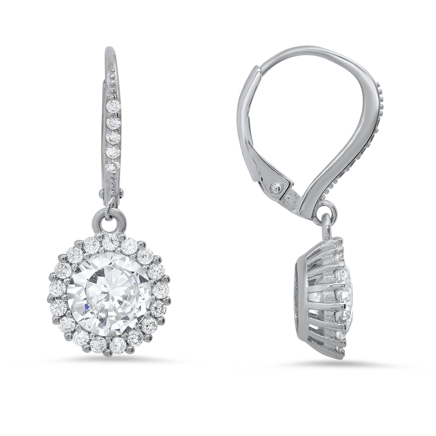 Halo Cz Leverback Earrings In Sterling Silver