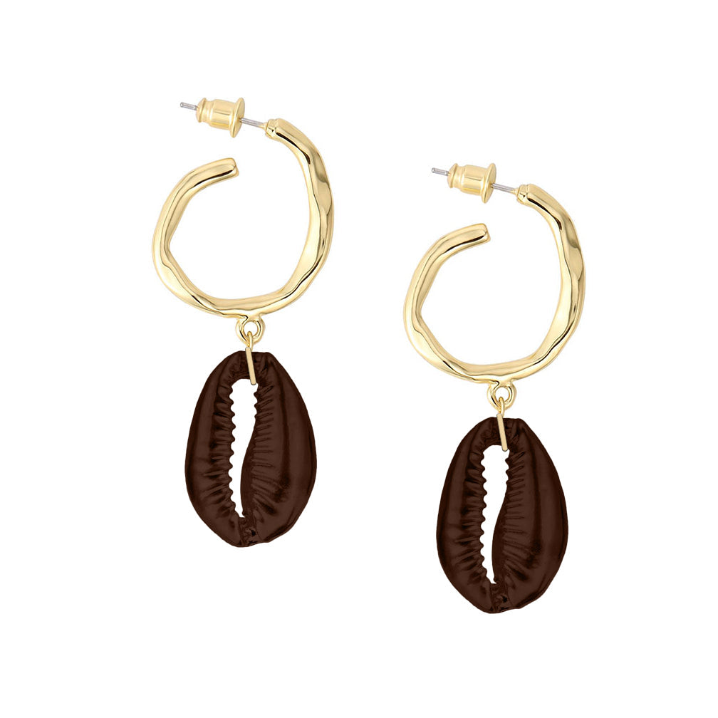Hammered Hoop Shell Drops - Shiny Brown/Gold