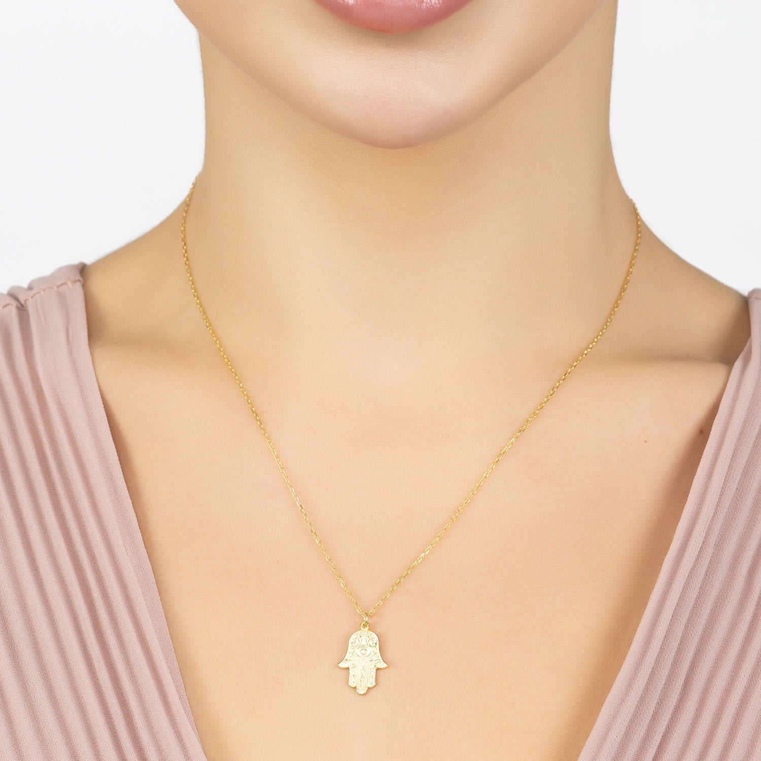 Hamsa Evil Eye Embossed Pendant Necklace Gold