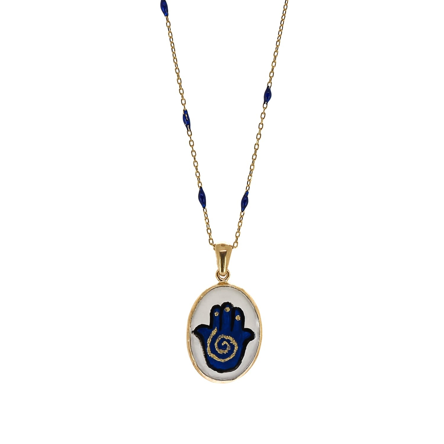 Hamsa Hand Good Fortune Blue Pendant Gold Chain Necklace - Blue -