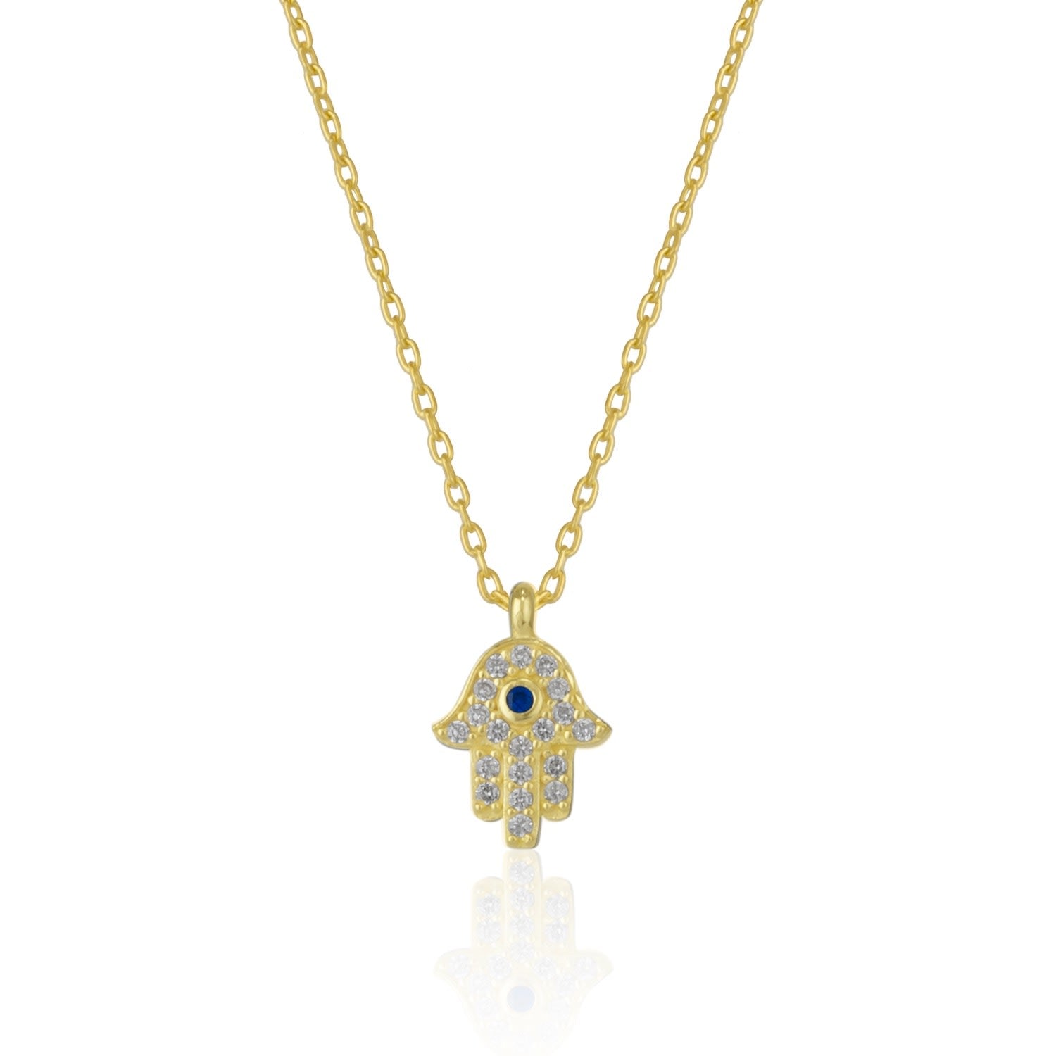 Hamsa Hand Necklace Sterling Silver With Blue Stone - Gold