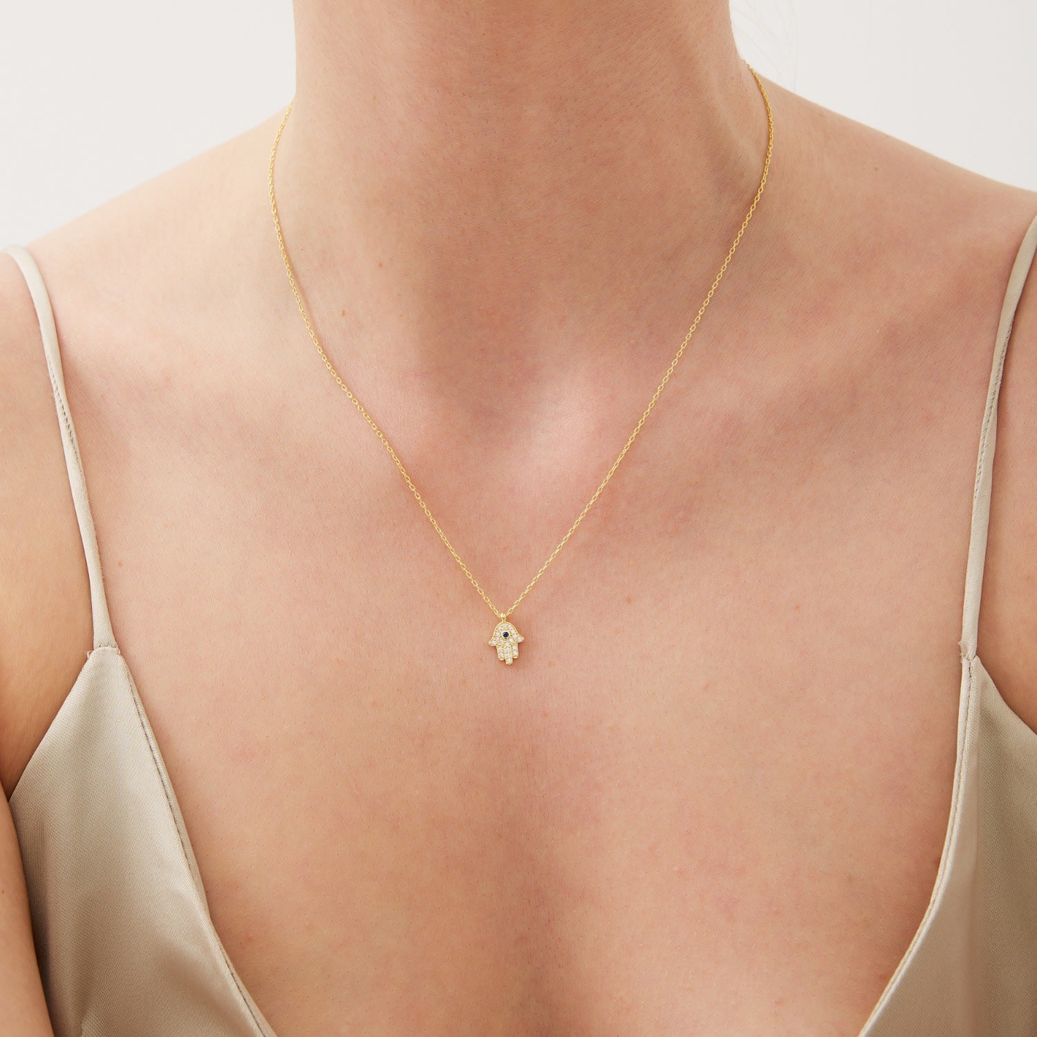 Hamsa Hand Necklace Sterling Silver With Blue Stone - Gold