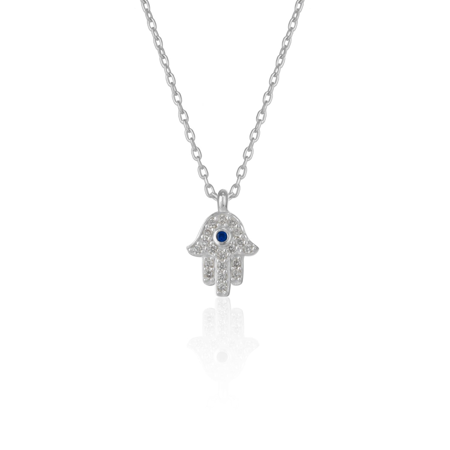Hamsa Hand Necklace Sterling Silver Blue Stone