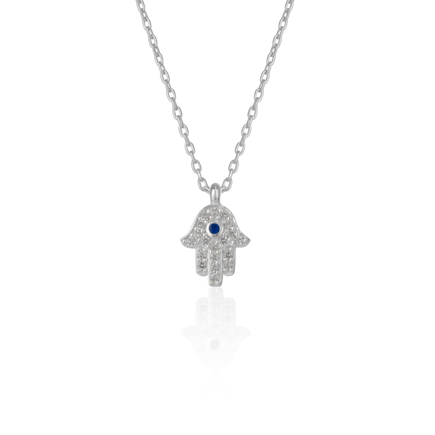 Hamsa Hand Necklace Sterling Silver With Blue Stone - Silver