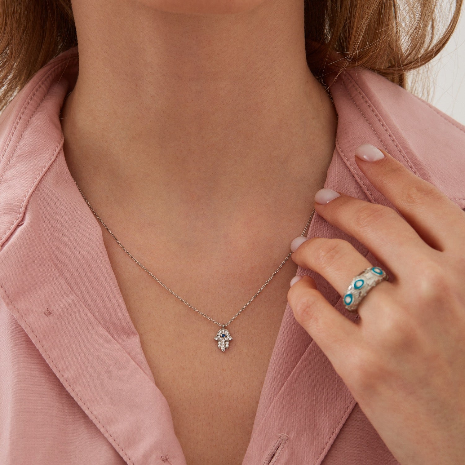 Hamsa Hand Necklace Sterling Silver With Blue Stone - Silver