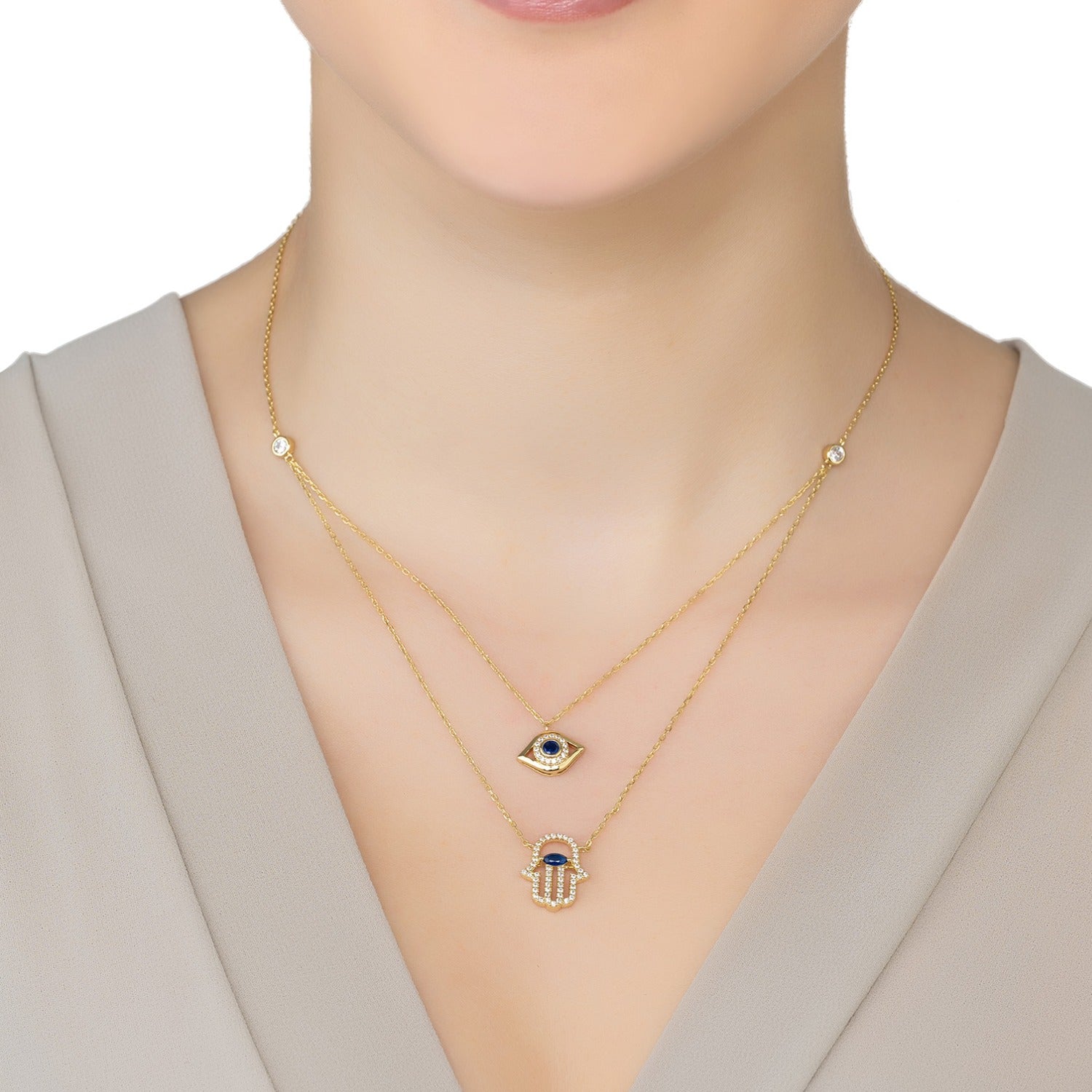 Hamsa Hand And Evil Eye Layered Necklace Gold