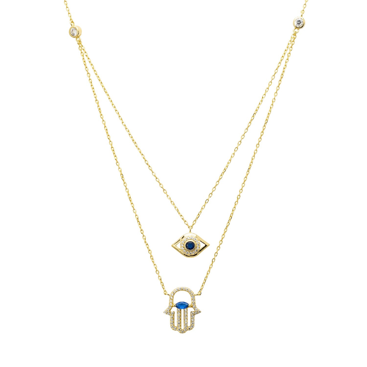 Hamsa Hand And Evil Eye Layered Necklace Gold