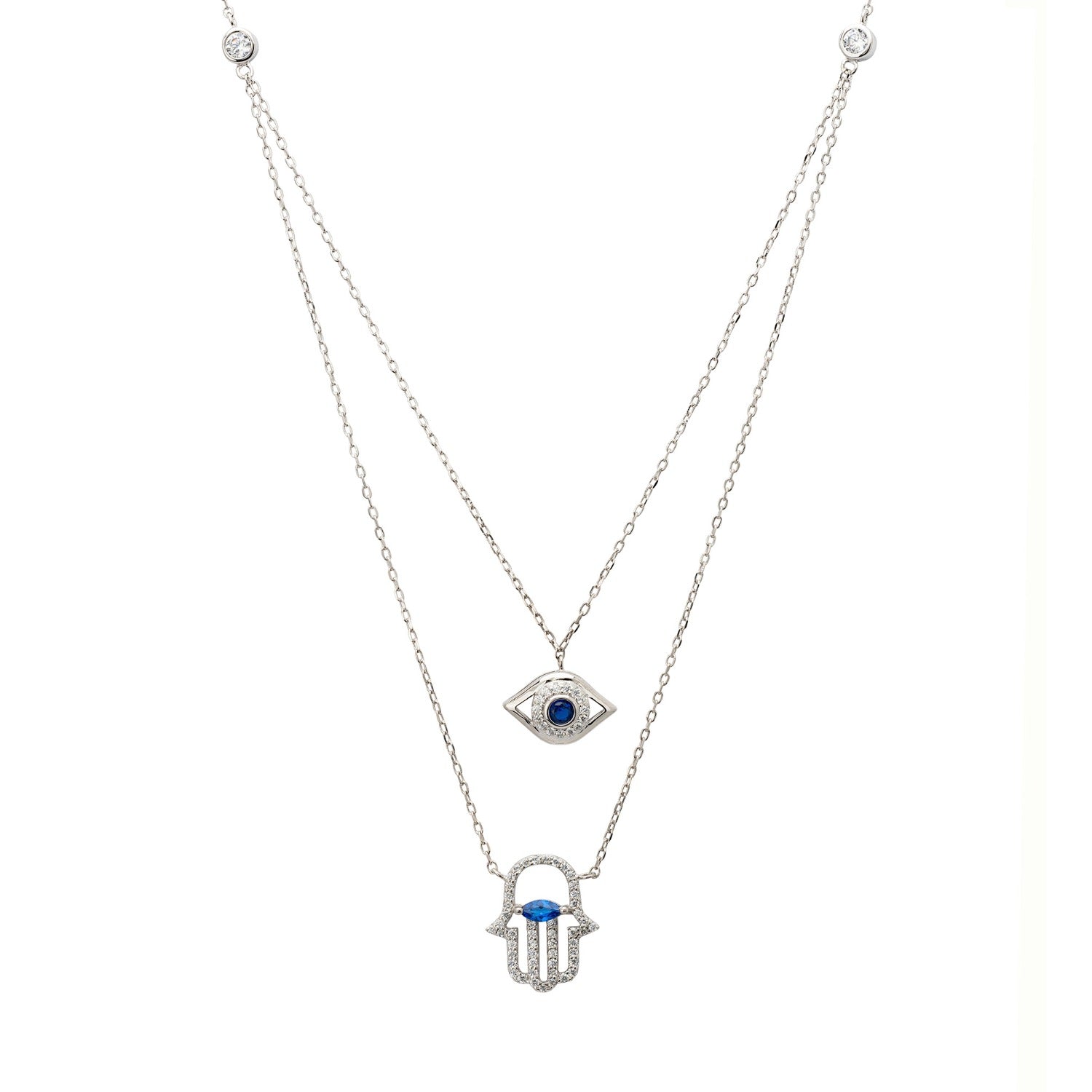 Hamsa Hand And Evil Eye Layered Necklace Silver