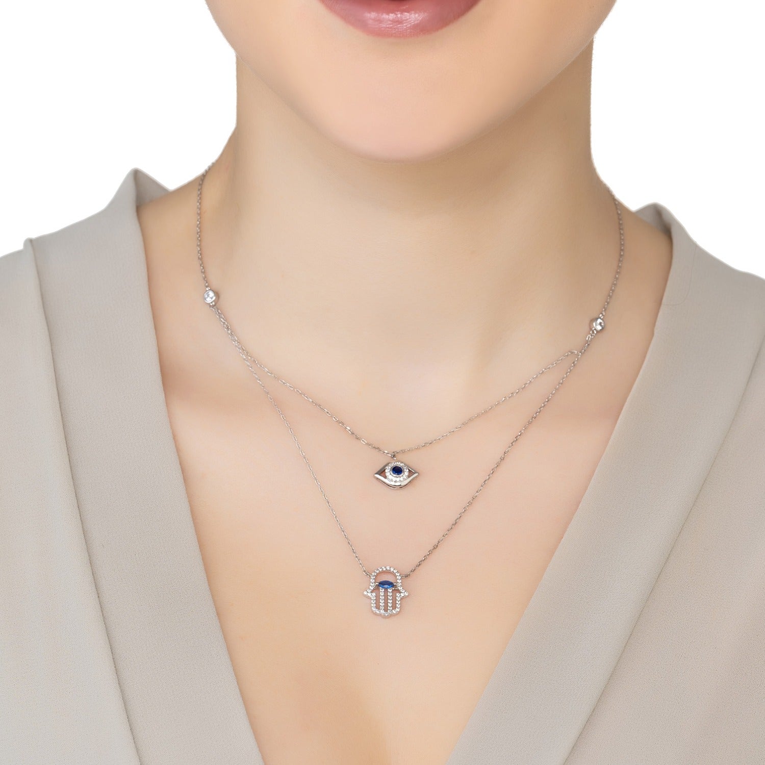 Hamsa Hand And Evil Eye Layered Necklace Silver