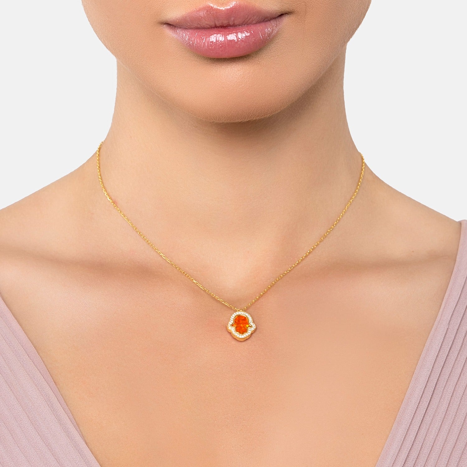 Hamsa Opalite Fire Opal Necklace Gold