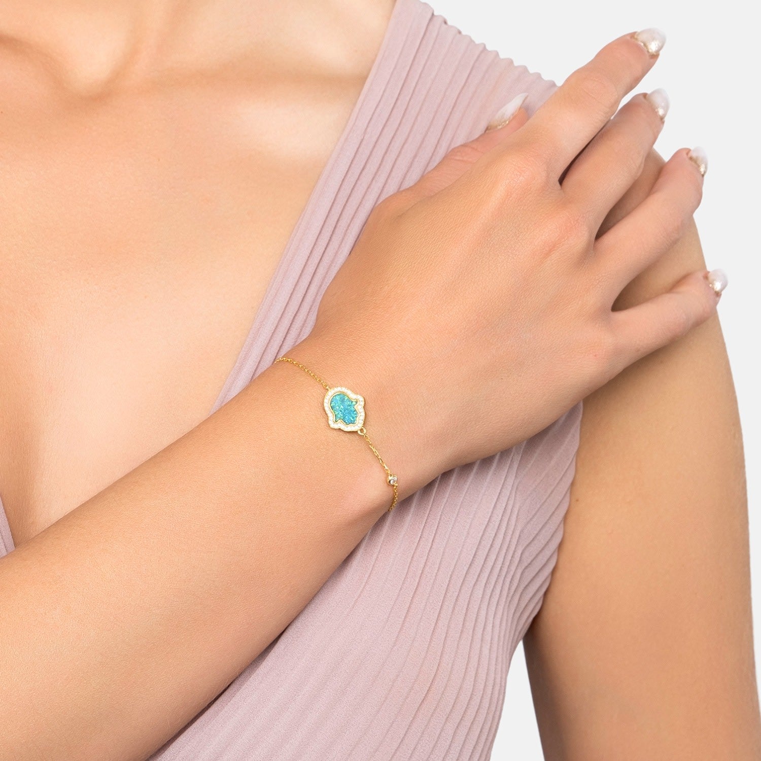 Hamsa Opalite Green Bracelet Gold