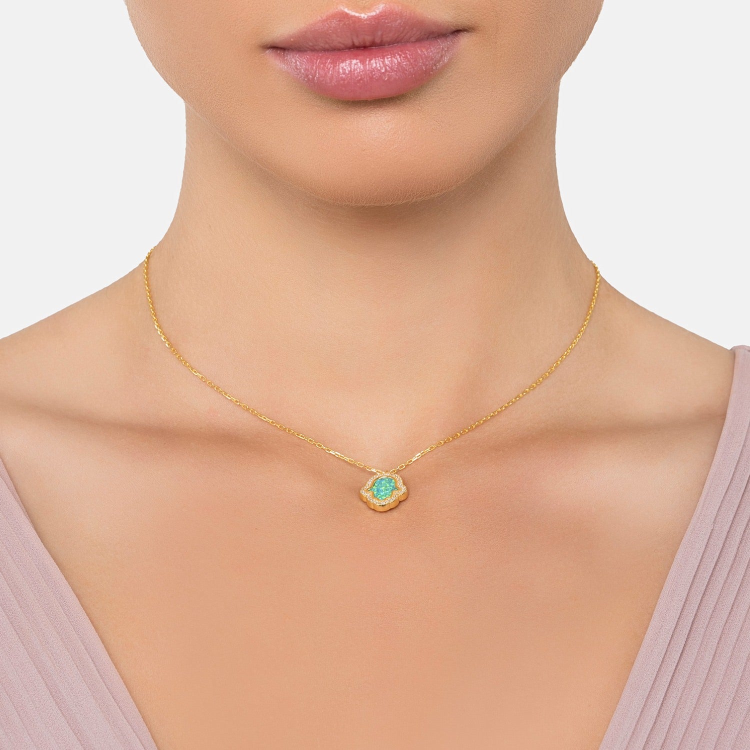 Hamsa Opalite Green Necklace Gold