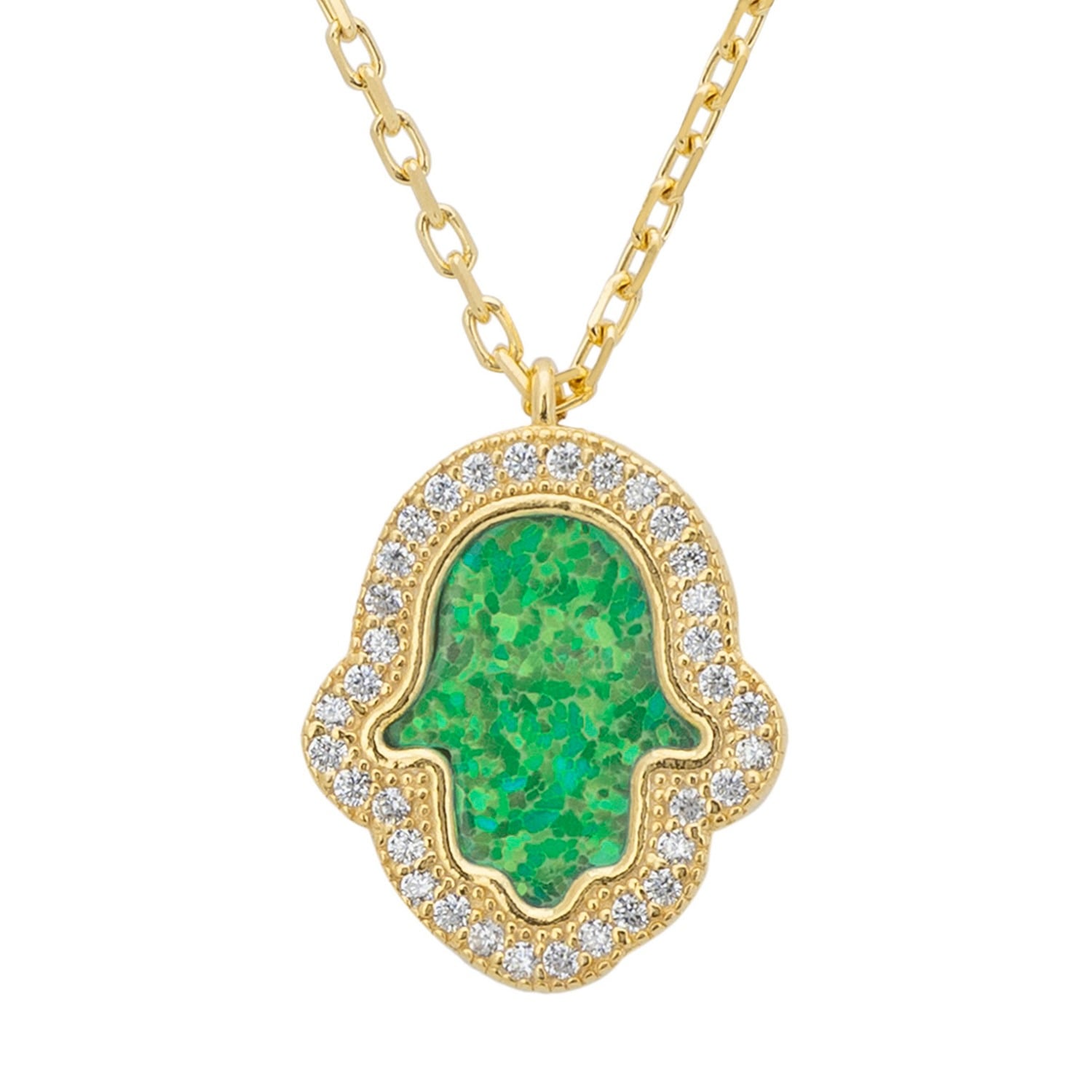 Hamsa Opalite Green Necklace Gold