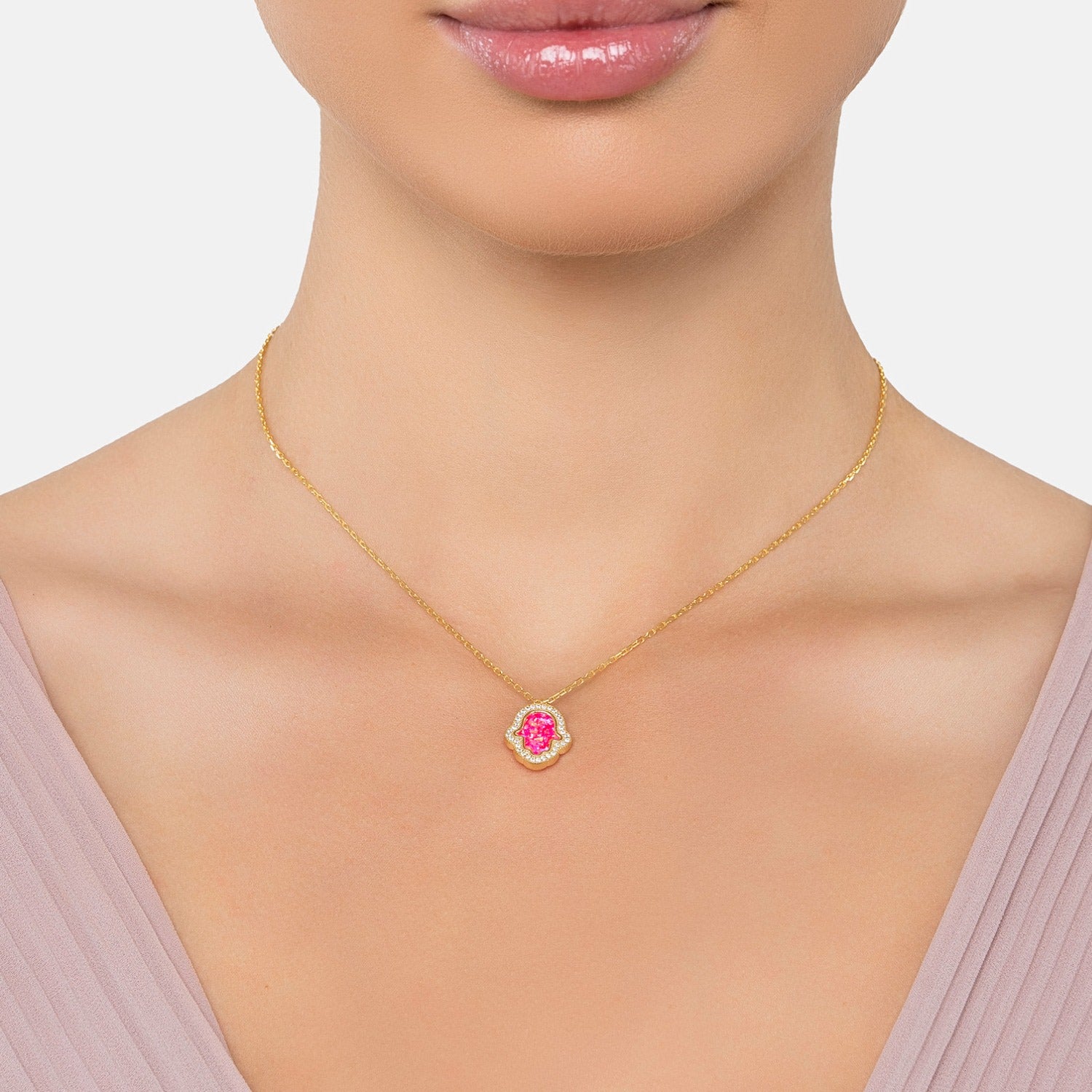 Hamsa Opalite Pink Necklace Gold