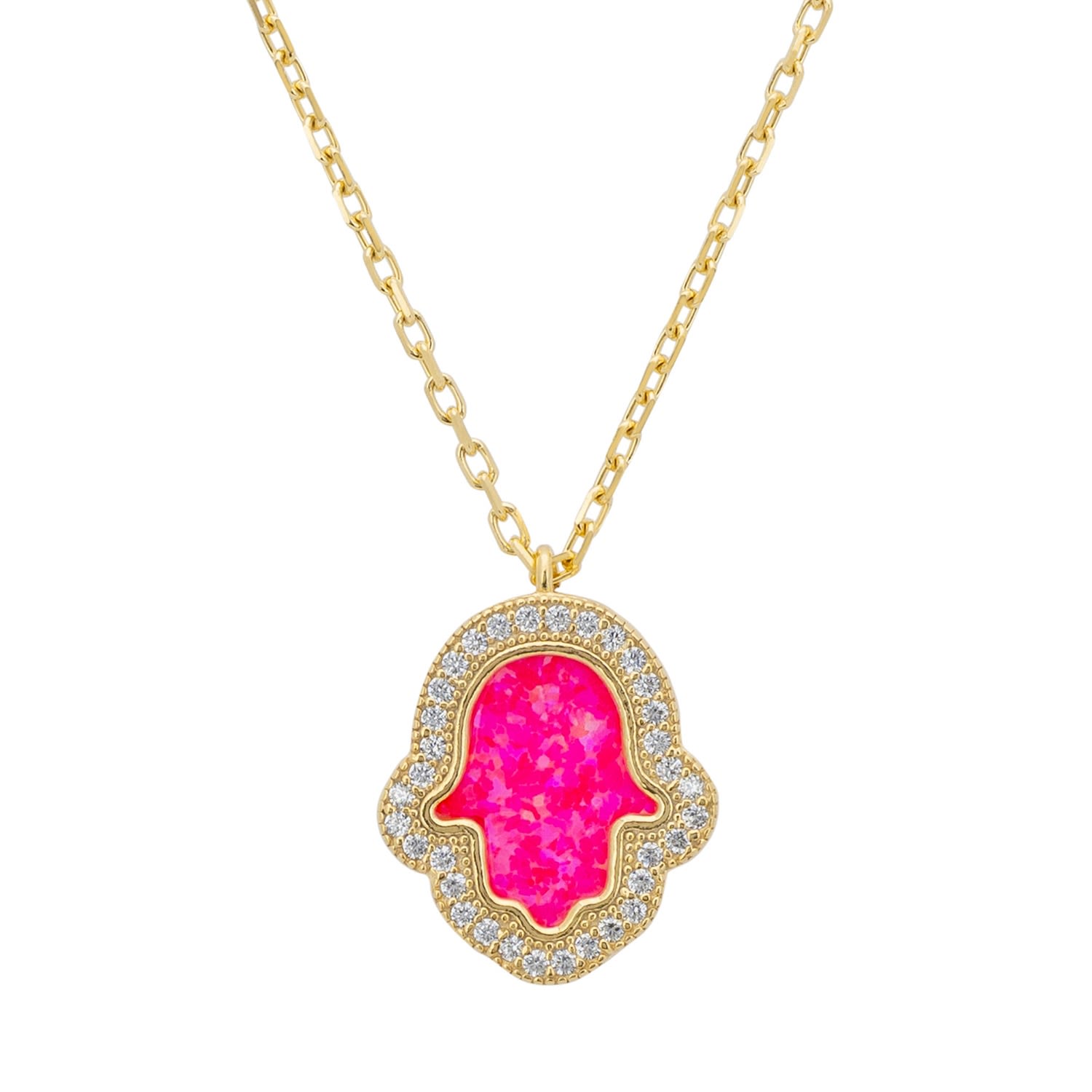 Hamsa Opalite Pink Necklace Gold