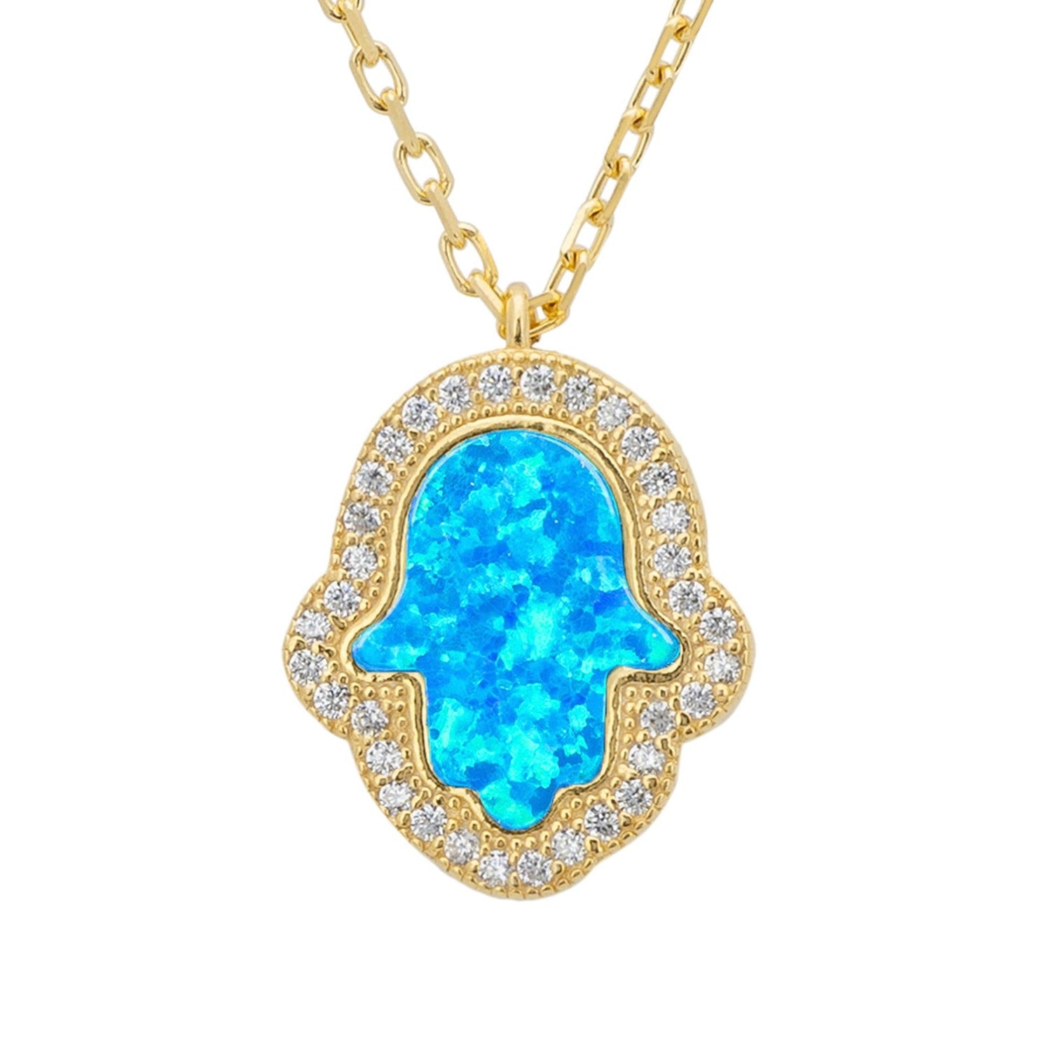 Hamsa Opalite Turquoise Blue Necklace Gold