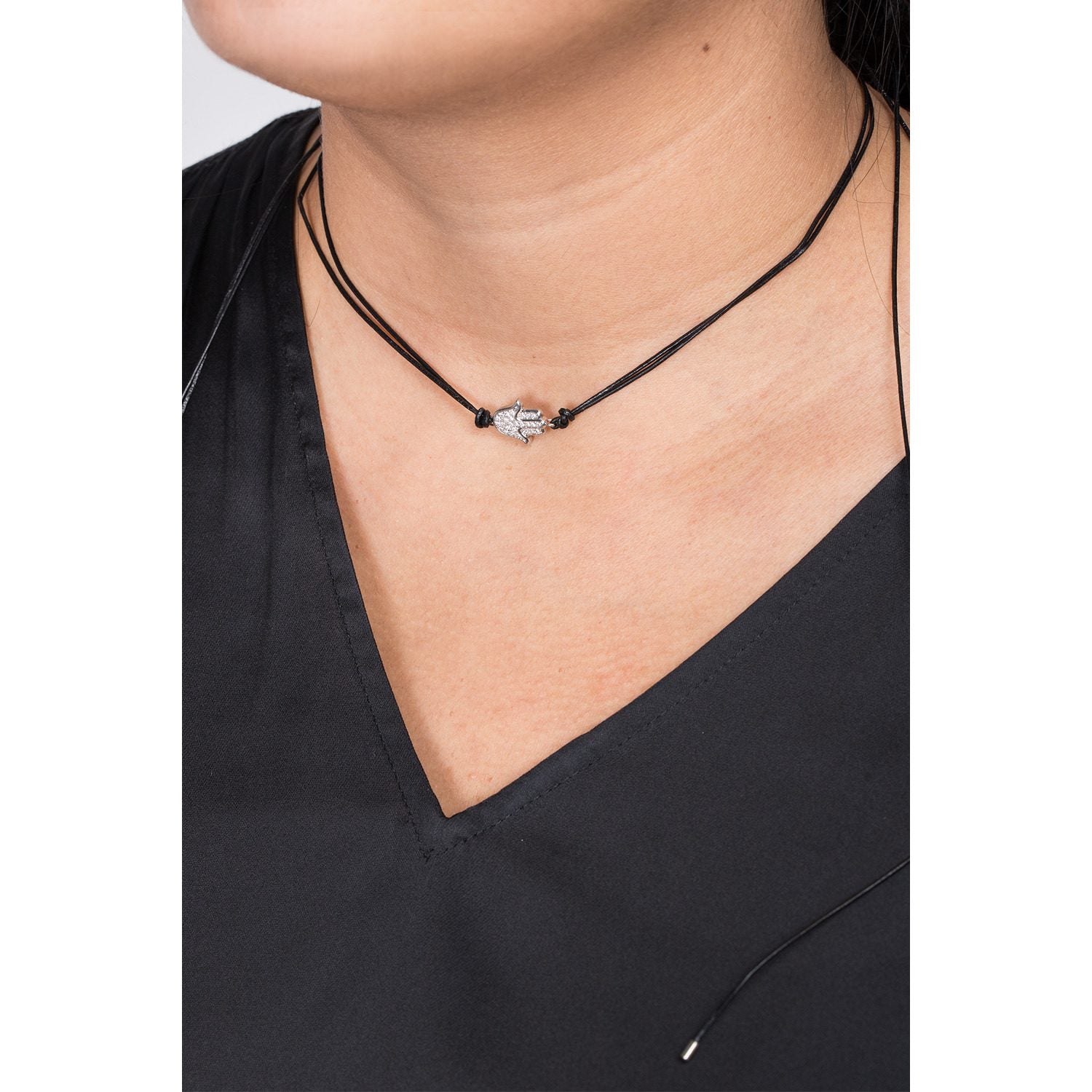 Hamsa Pendant Wrap Choker Black