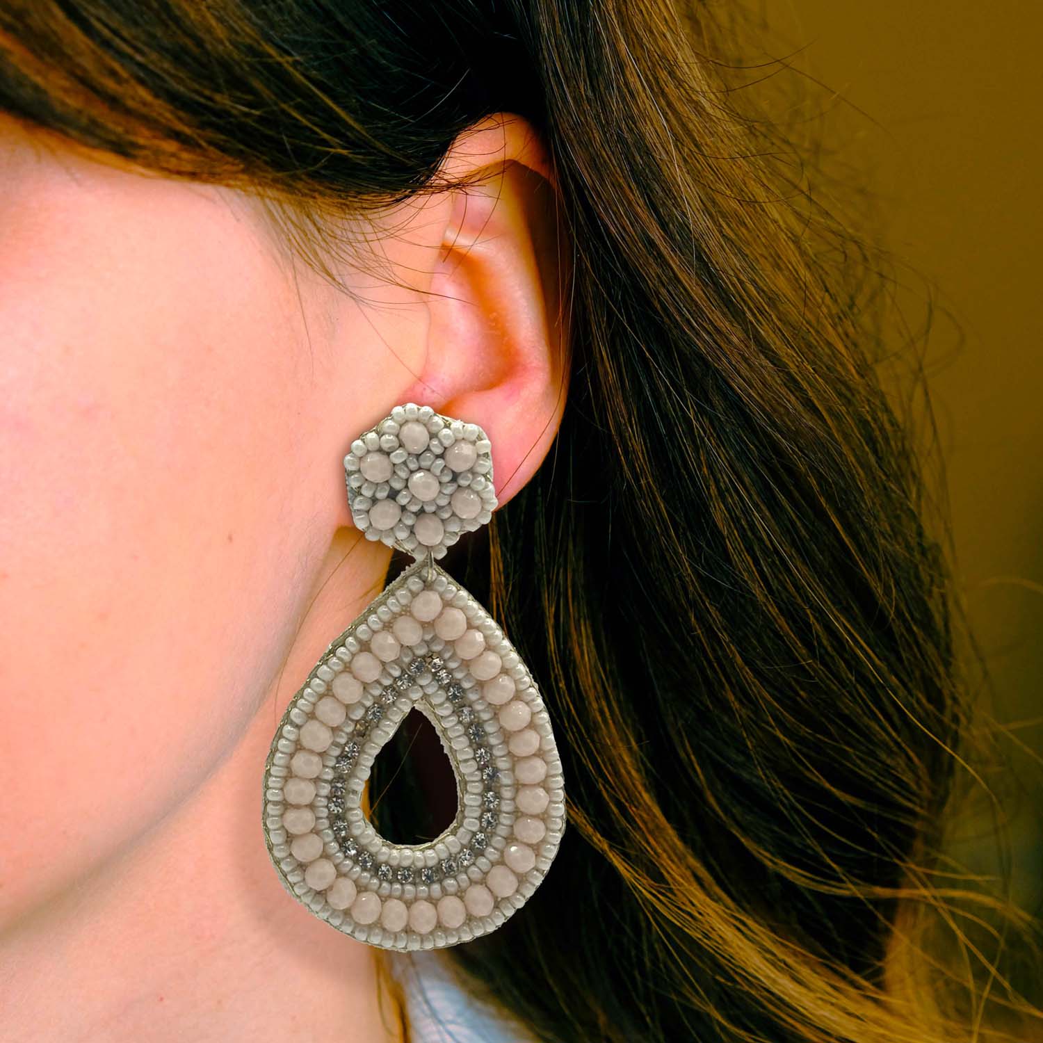 Hand-Beaded Ivory Earrings With Rhinestone Accents