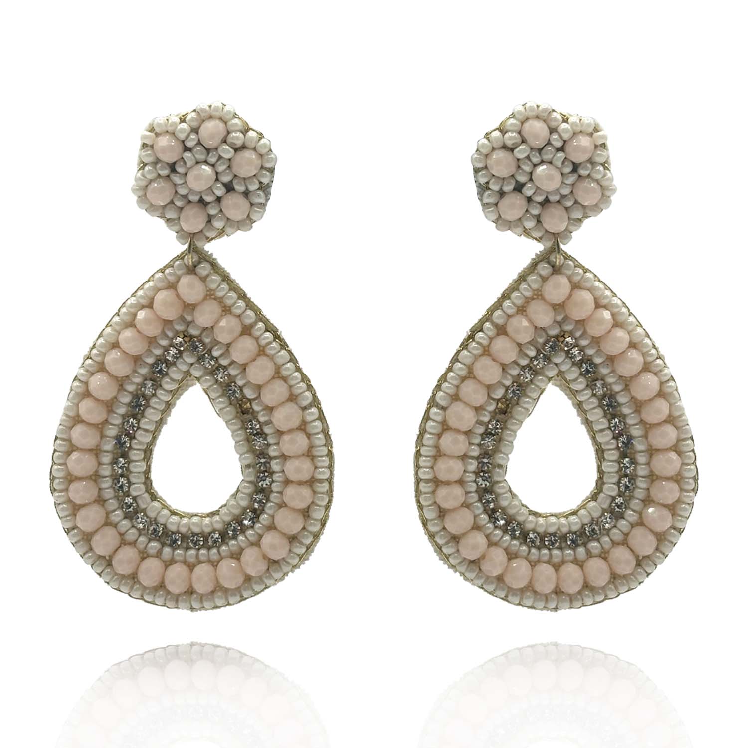 Hand-Beaded Ivory Earrings With Rhinestone Accents